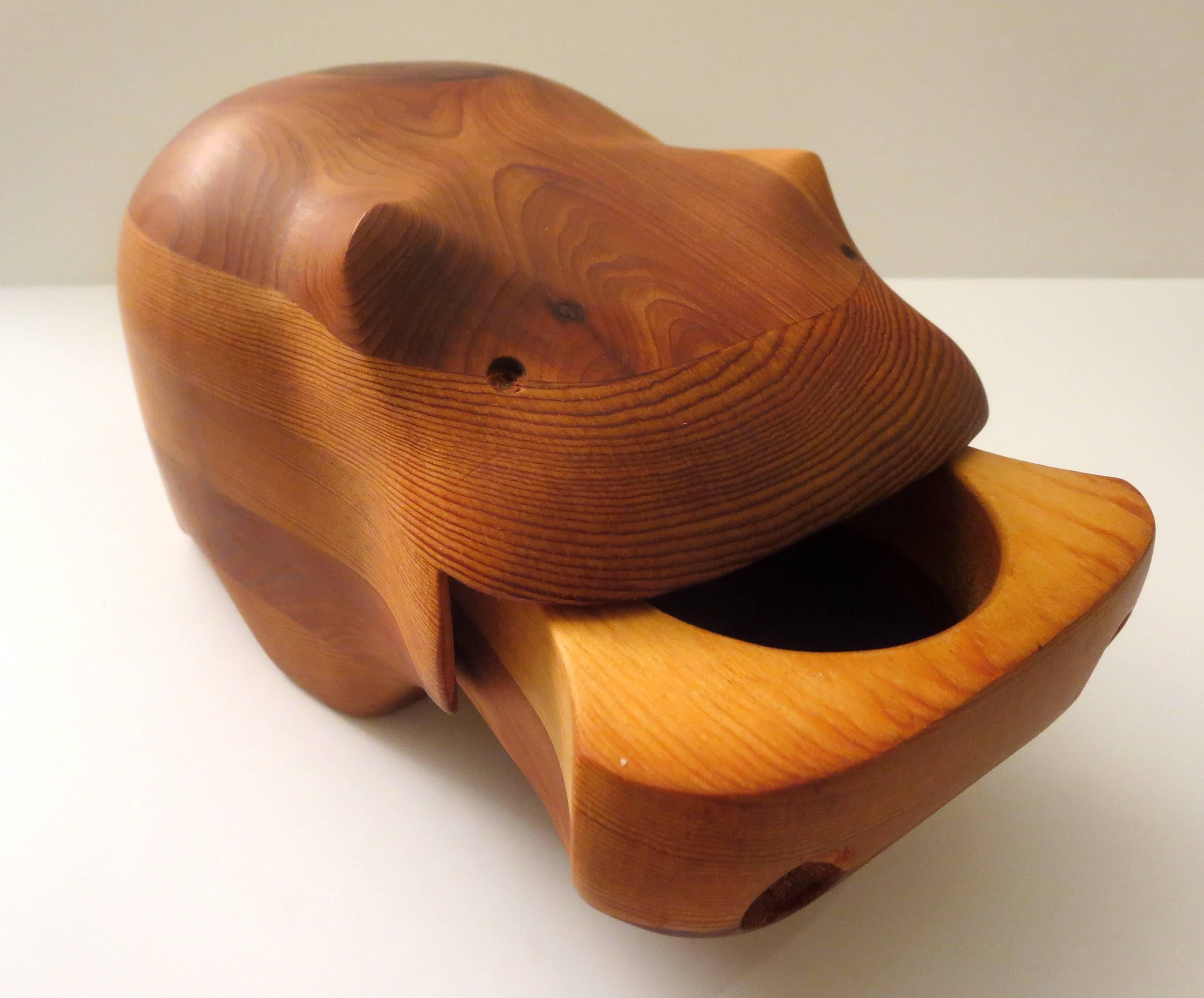 Mid-Century Modern Solid Figural Hippo Cedar and Pine Wood Jewelry Box by Deborah D Bump