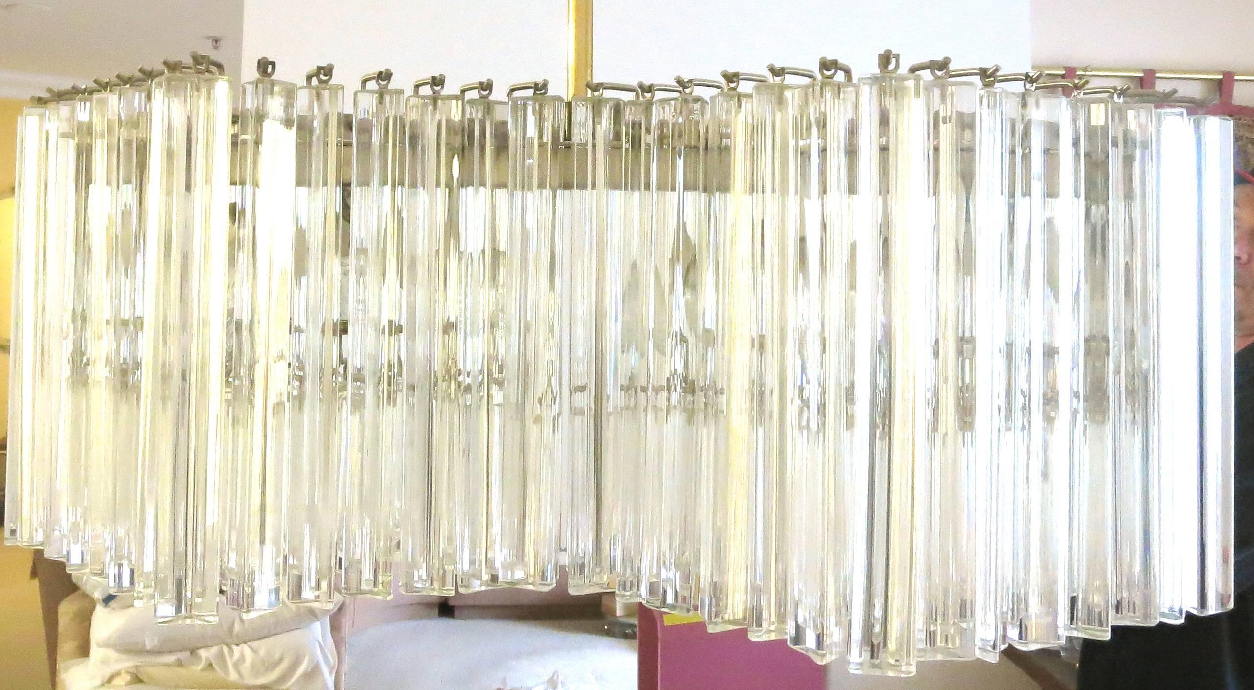 Italian 1970s Striking Large Modernist Midcentury Glass and Brass Chandelier by Venini