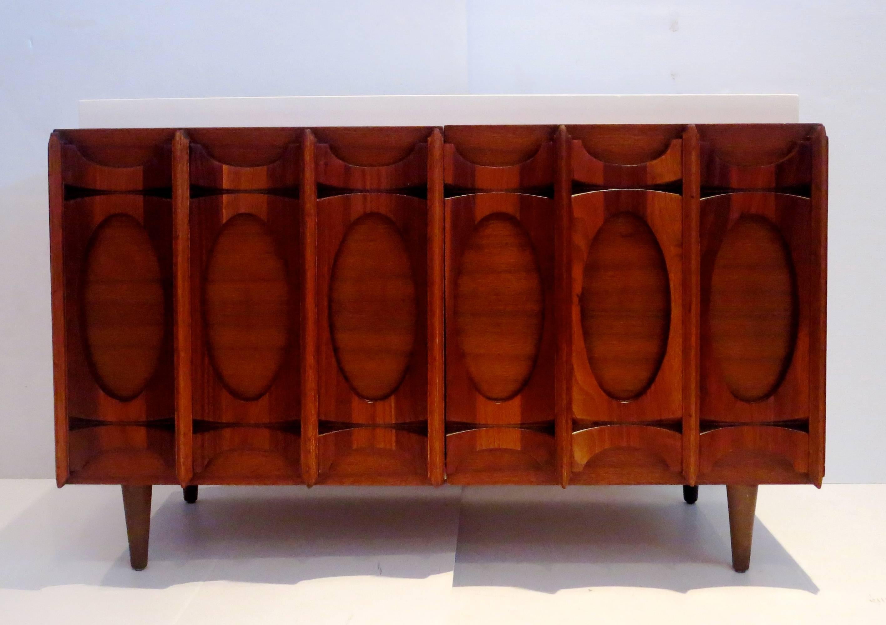 Mid-Century Modern 1950s American Modern Cabinet with Sculpted Walnut Facade and White Lacquer