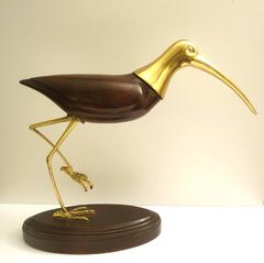 1970s Italian Polished Brass and Solid Walnut Sandpiper Bird Sculpture