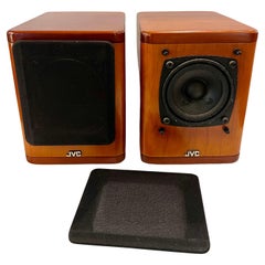 Vintage Pair of Post Modern Solid Cherry & Mahogany Small JVC Bookcase Speaker Japan
