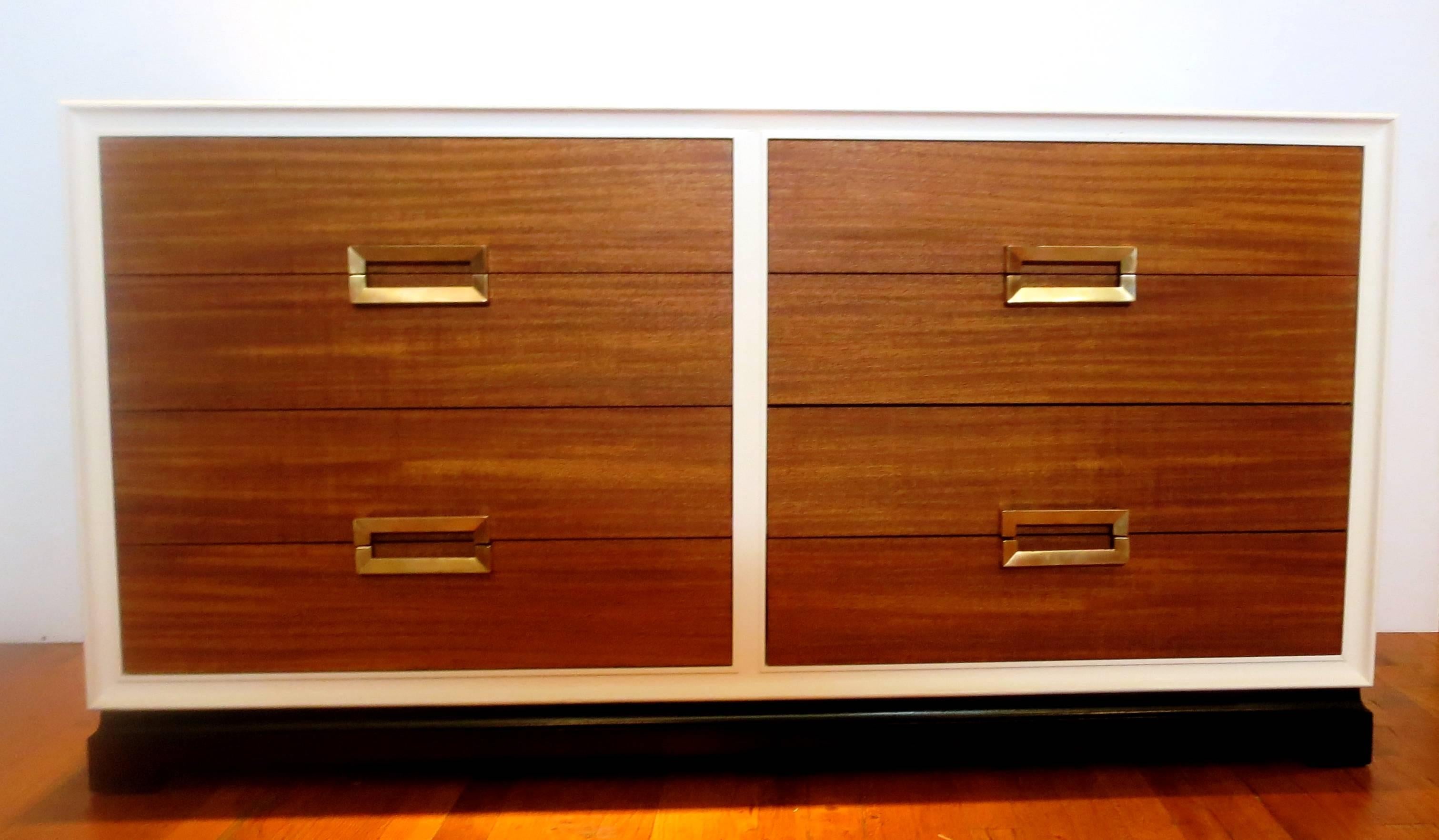 American Art Deco Striking Dresser with Brass Handles & Mahogany Drawers & White Lacquer