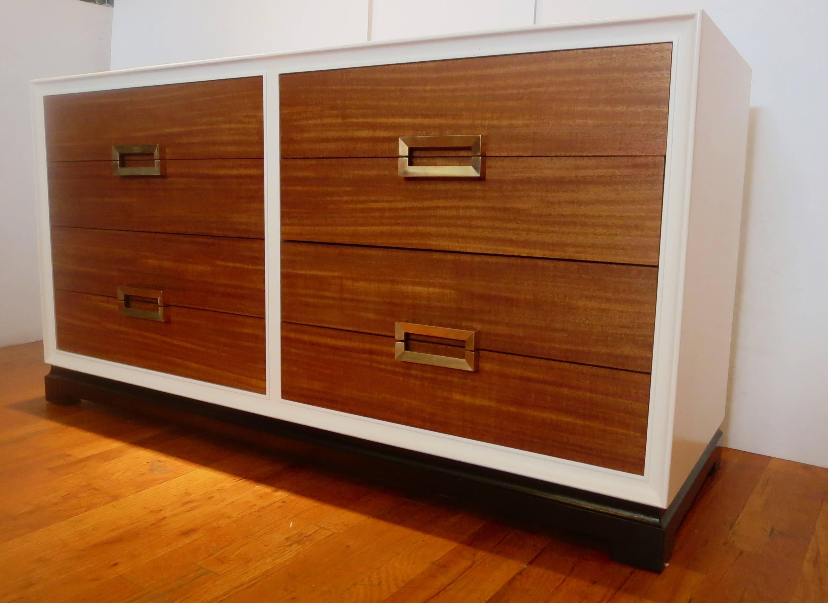 Art Deco Striking Dresser with Brass Handles & Mahogany Drawers & White Lacquer In Excellent Condition In San Diego, CA