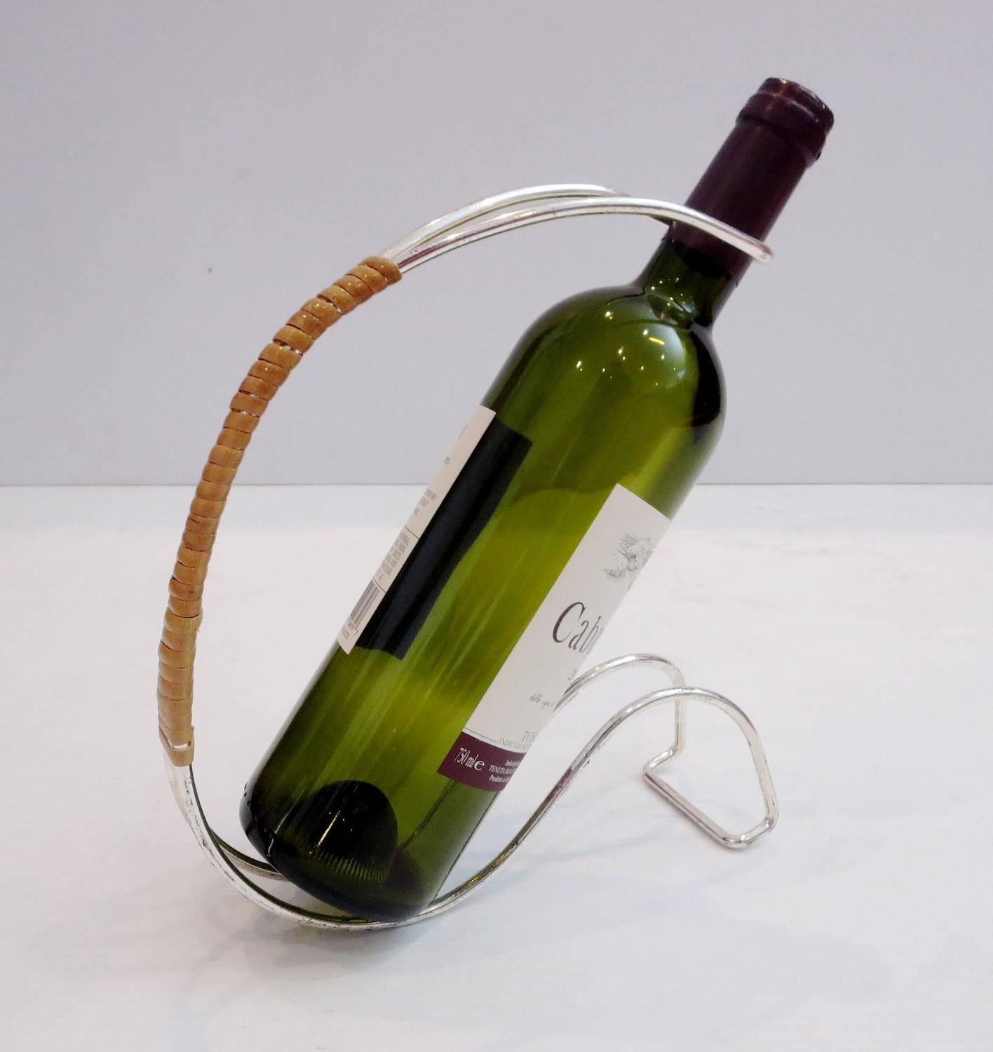 1960s Silver Plated Elegant Wine Bottle Holder with Cane Wrapped Handle