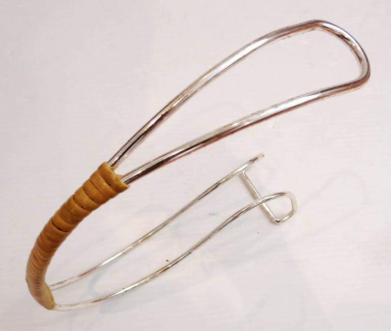 1960s Silver Plated Elegant Wine Bottle Holder with Cane Wrapped Handle