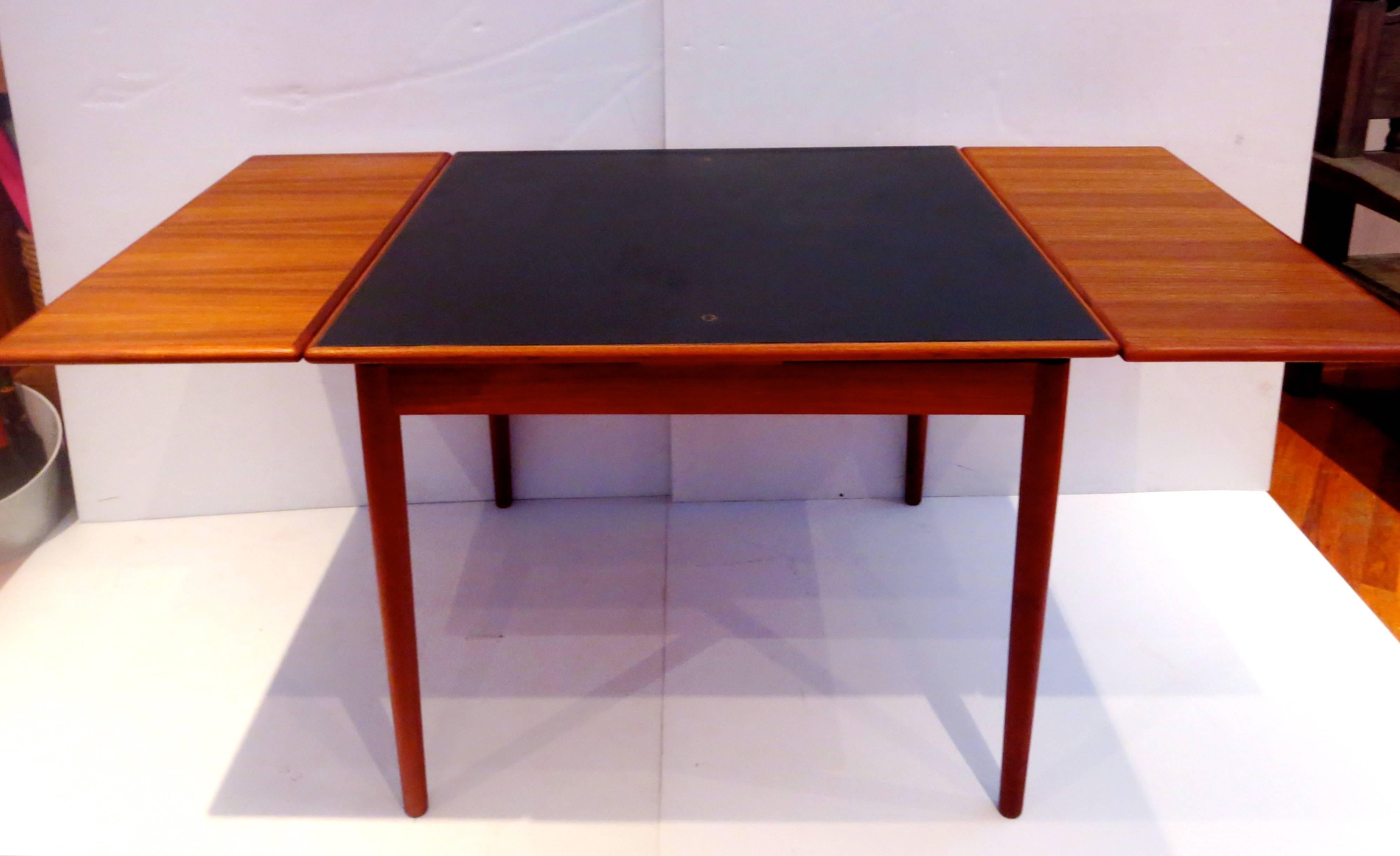 Scandinavian Modern Georg Petersen Danish Modern Flip Top Teak & Leather Dining/Game Table 2 Leaves