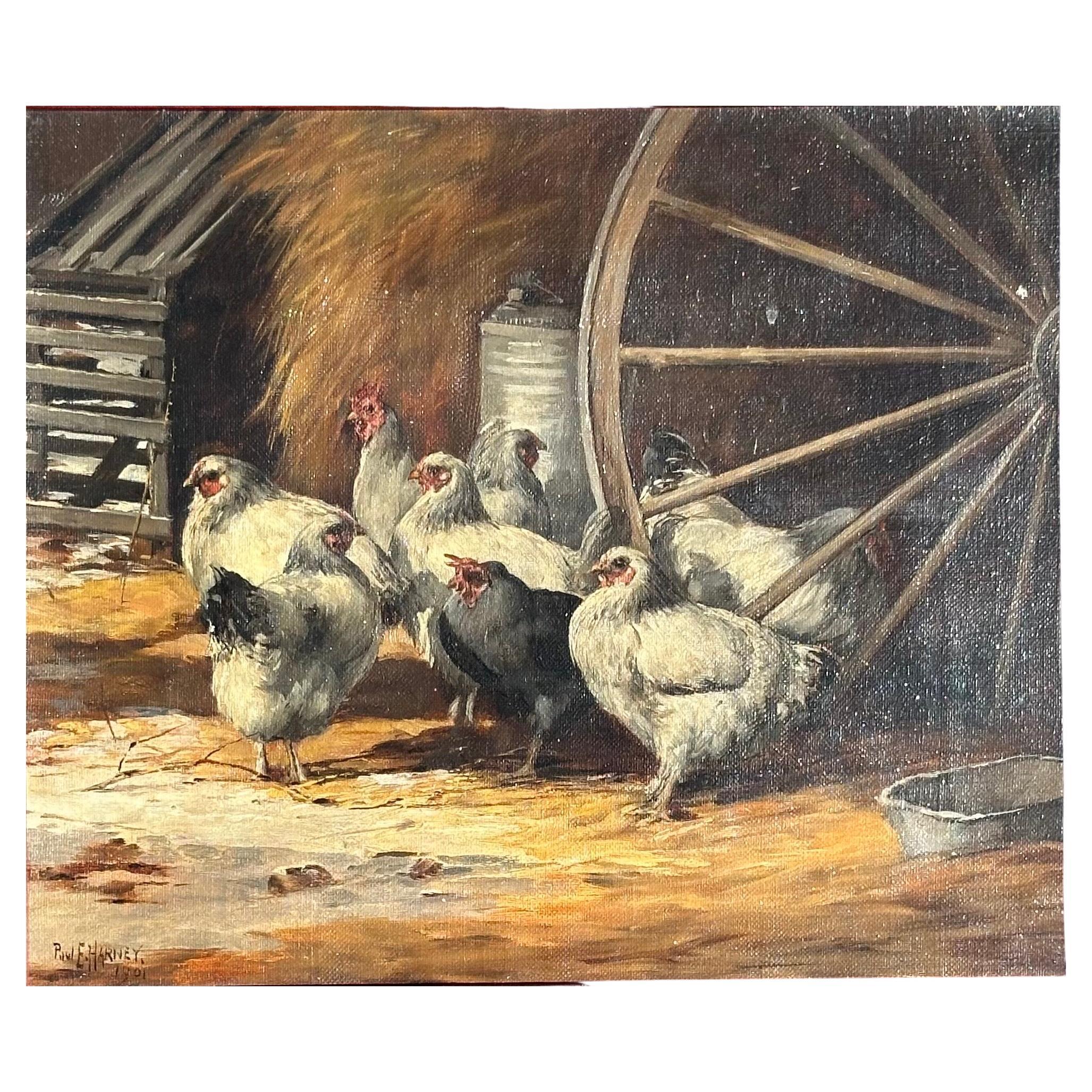 Antique original oil on canvas painting by Paul E. Harney, circa 1901. This wonderful Harney barnyard scene is in good vintage condition and measures 18.5