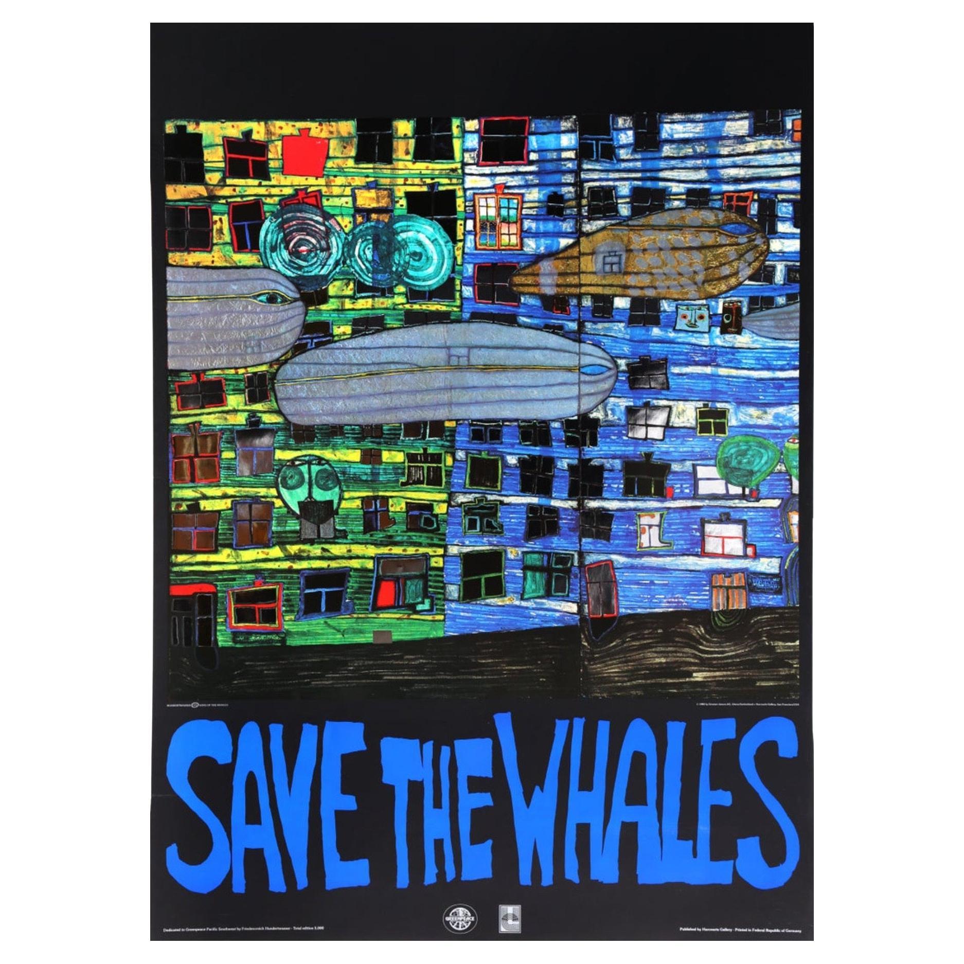 Raro poster con stampa offset "Save the Whales" di Friedensreich Hundertwasser