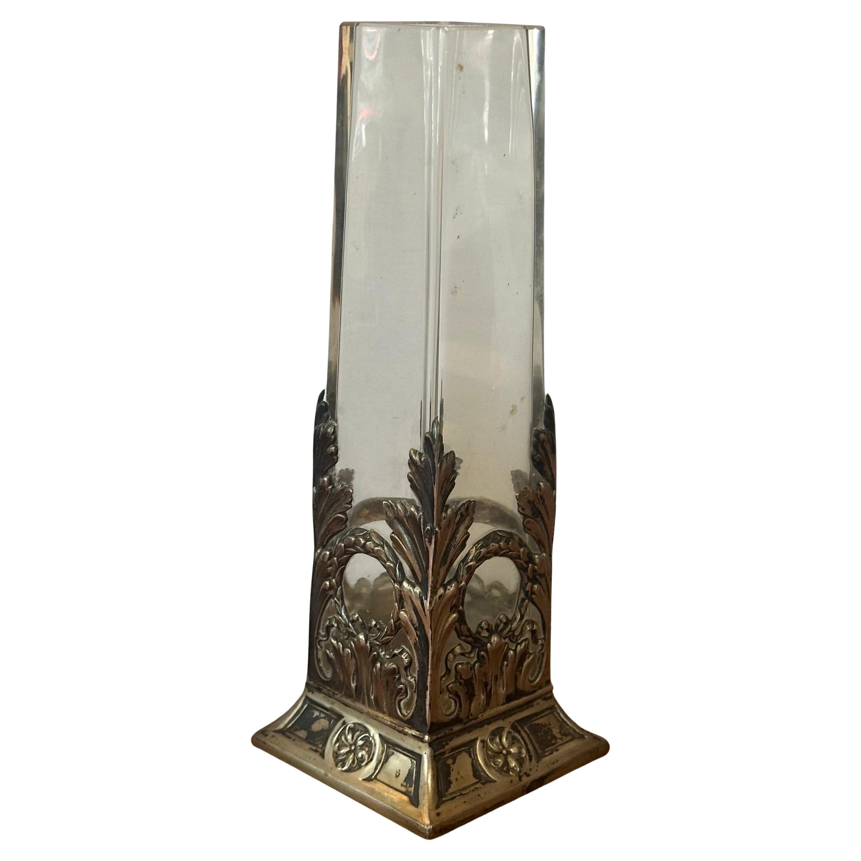 Vaso a bocciolo in vetro Art Nouveau e argento .800 sovrapposto in vendita