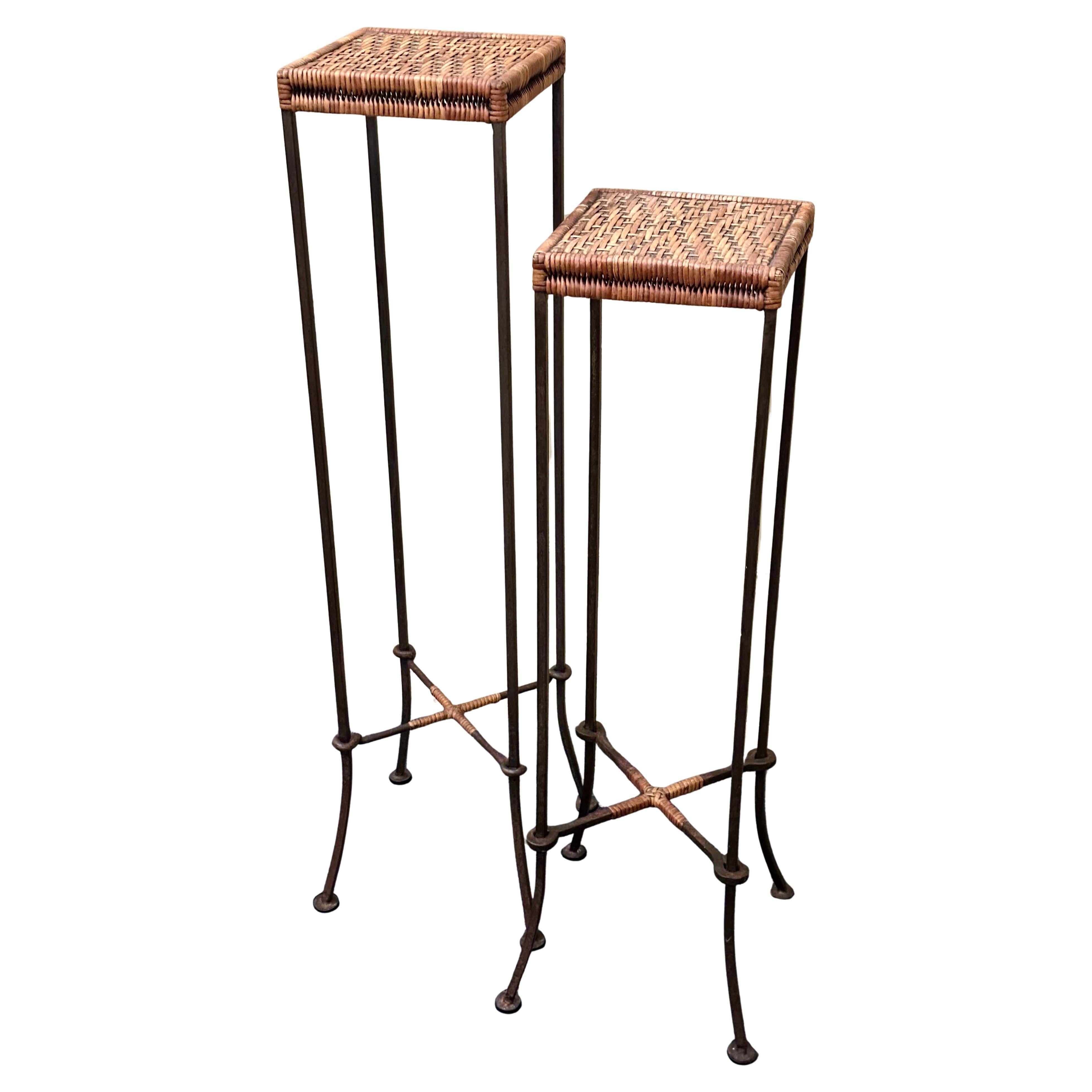 Pair of Wrought Iron and Woven Wicker Plant Stands by Palecek Furniture Company