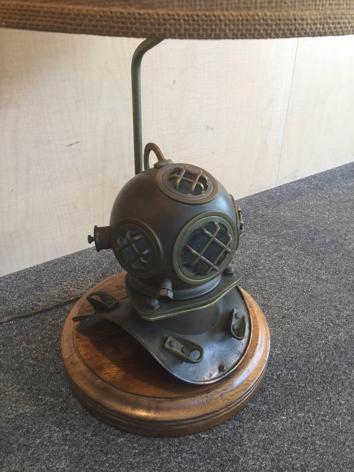 Vintage Nautical Lamp with Brass Divers Helmet In Good Condition In San Diego, CA