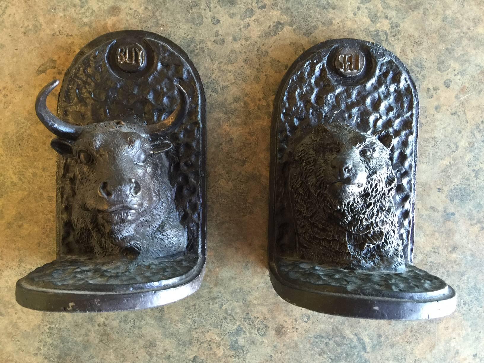 Fabulous Pair of Vintage Bull/Bear Bas Relief Iron Bookends 1