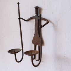 Vintage Wrought Iron Nordic Folk Art Dual-Arm Figural Sconce