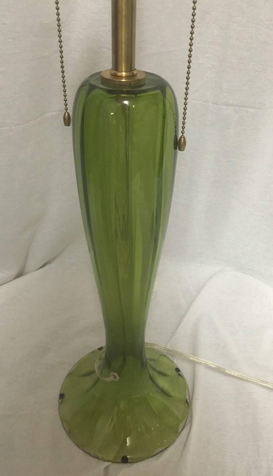 Italian Gorgeous Pair of Candy Apple Green Murano Art Glass Trumpet Lamps