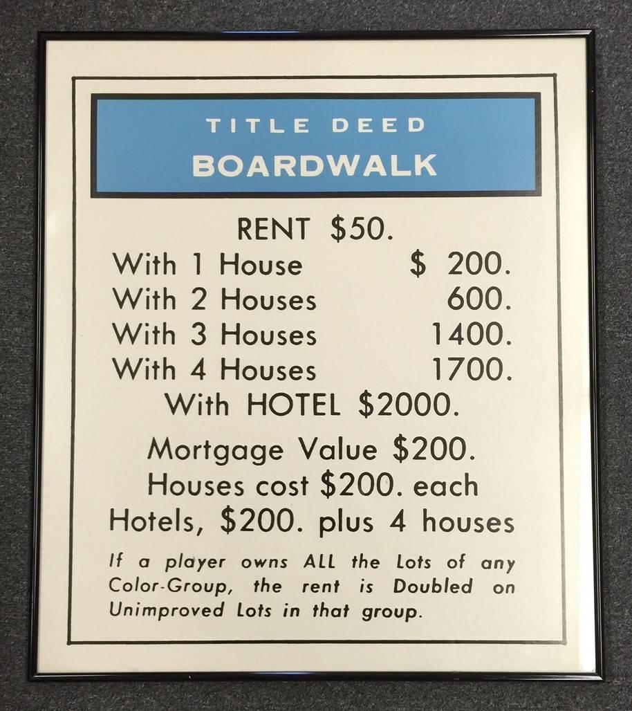 A very cool vintage Monopoly game "Boardwalk Title Deed" Lithograph in a black metal frame. The piece is in very good condition and measures 24 12" x 21". Great nostalgic piece!