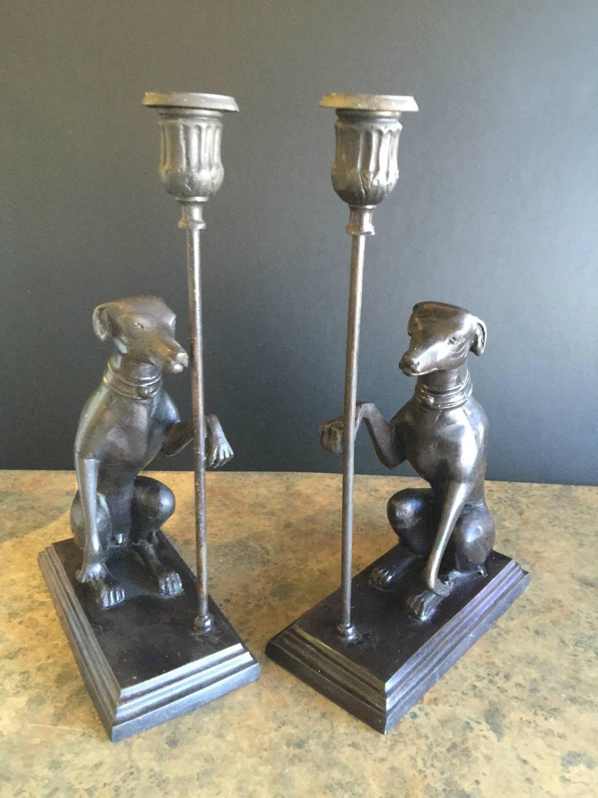 Substantial pair of bronze greyhound candle holder or bookends by Maitland-Smith.