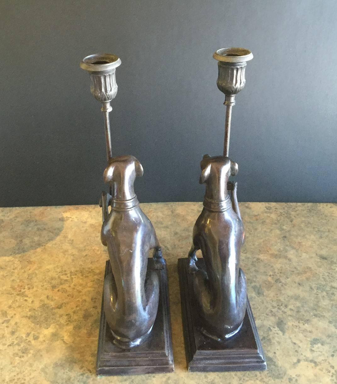 Thai Pair of Bronze Greyhound Candleholders or Bookends by Maitland Smith