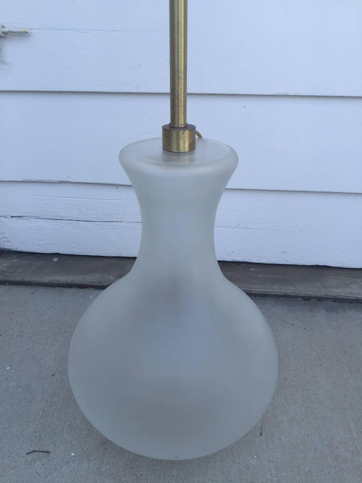 American Pair of Monumental Frosted Glass and Brass Table Lamps