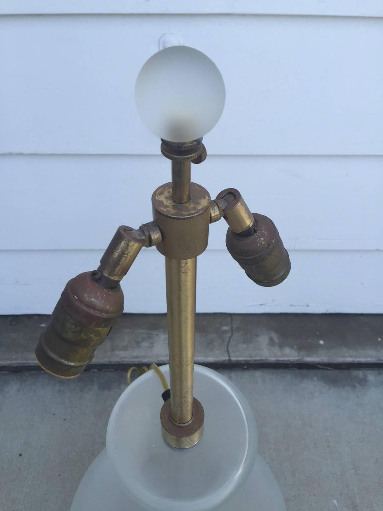 Pair of Monumental Frosted Glass and Brass Table Lamps In Good Condition In San Diego, CA