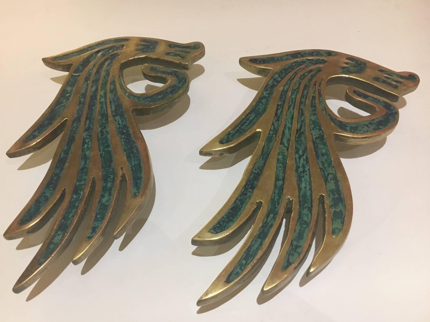 Cast Large Pepe Mendoza Door Pulls in Brass and Ceramic Inlay, Mexico, 1950s