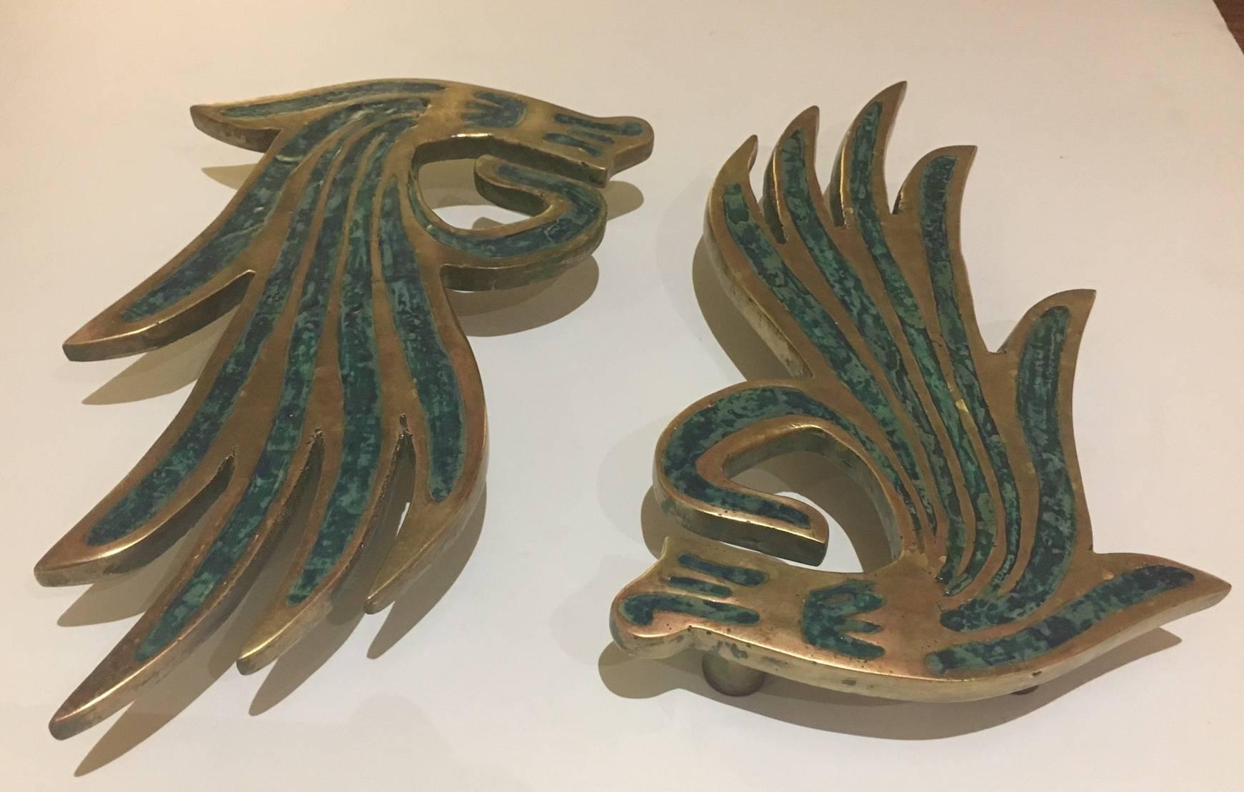 Mid-Century Modern Large Pepe Mendoza Door Pulls in Brass and Ceramic Inlay, Mexico, 1950s