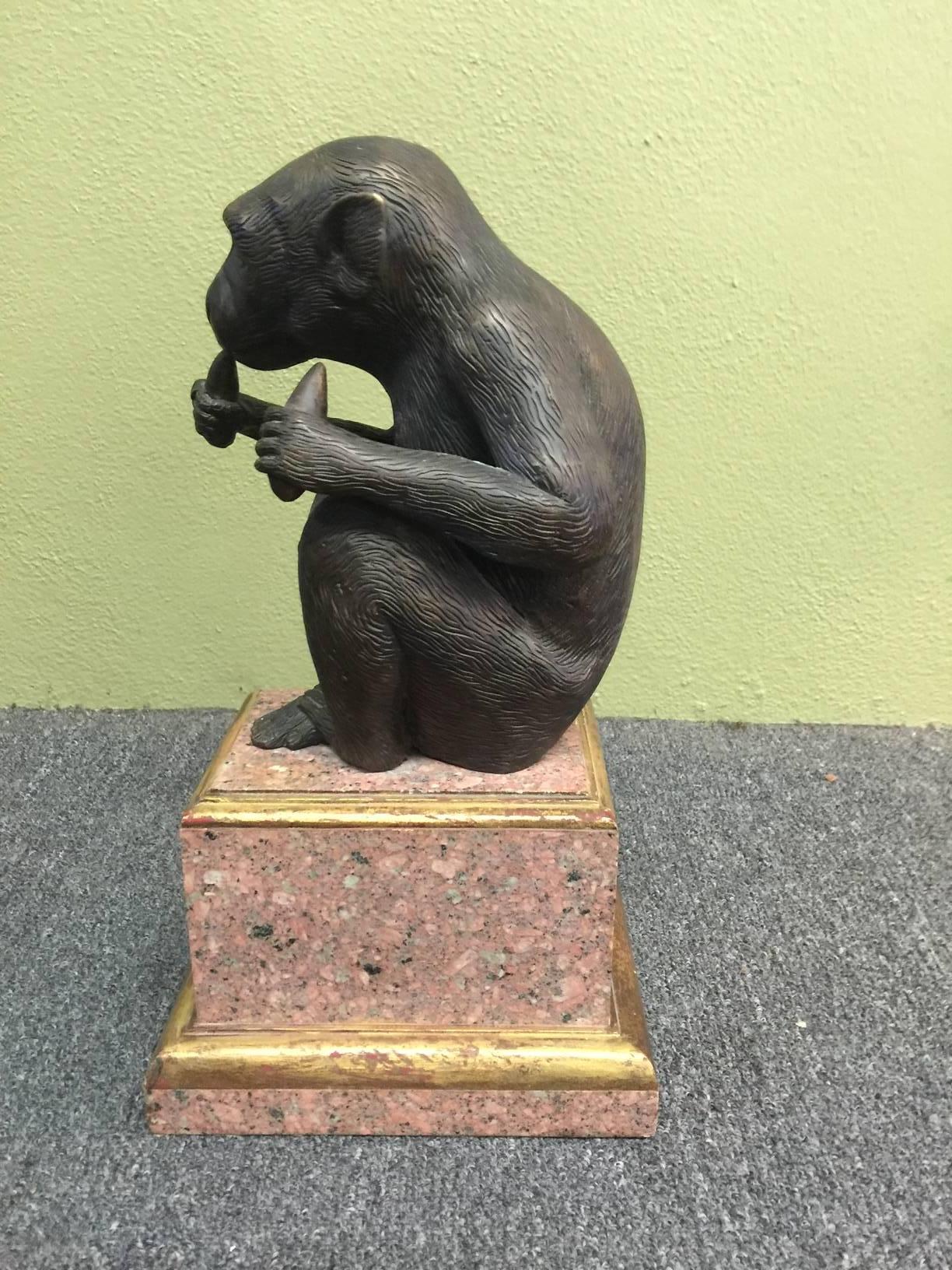 Bronze Monkey on Granite / Wood Pedestal by Theodore Alexander at