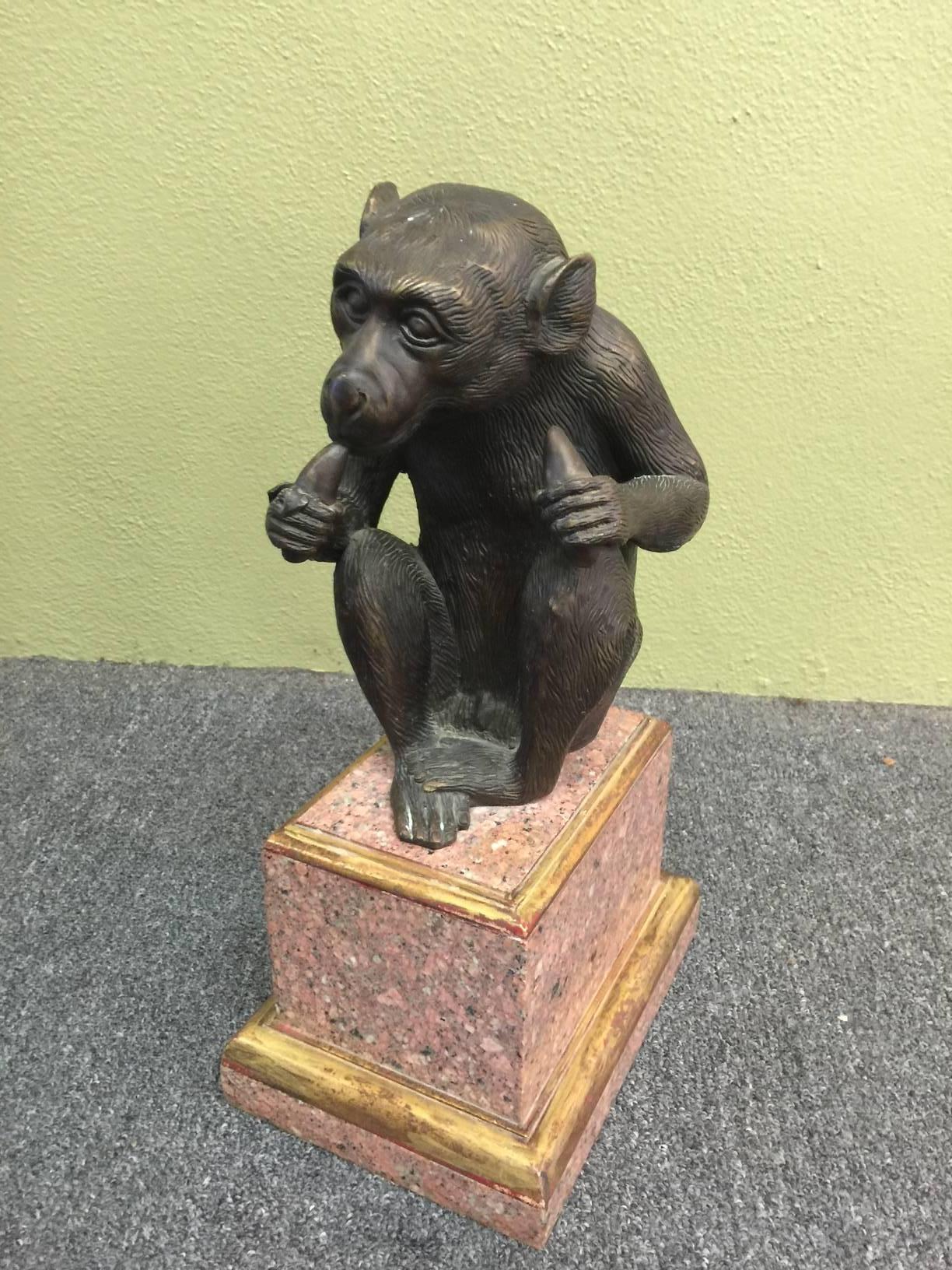 Modern Bronze Monkey on Granite / Wood Pedestal by Theodore Alexander