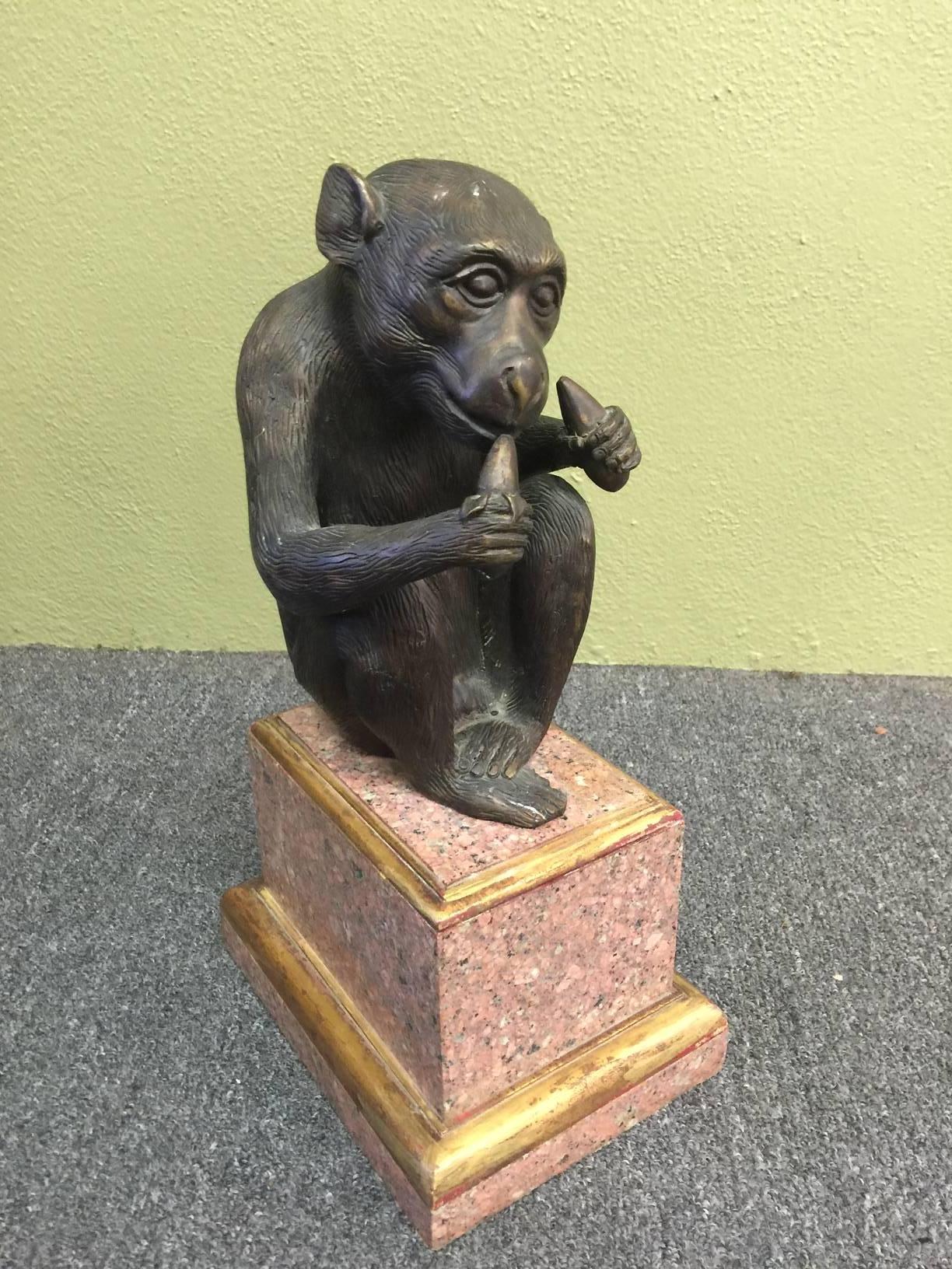 Vietnamese Bronze Monkey on Granite / Wood Pedestal by Theodore Alexander