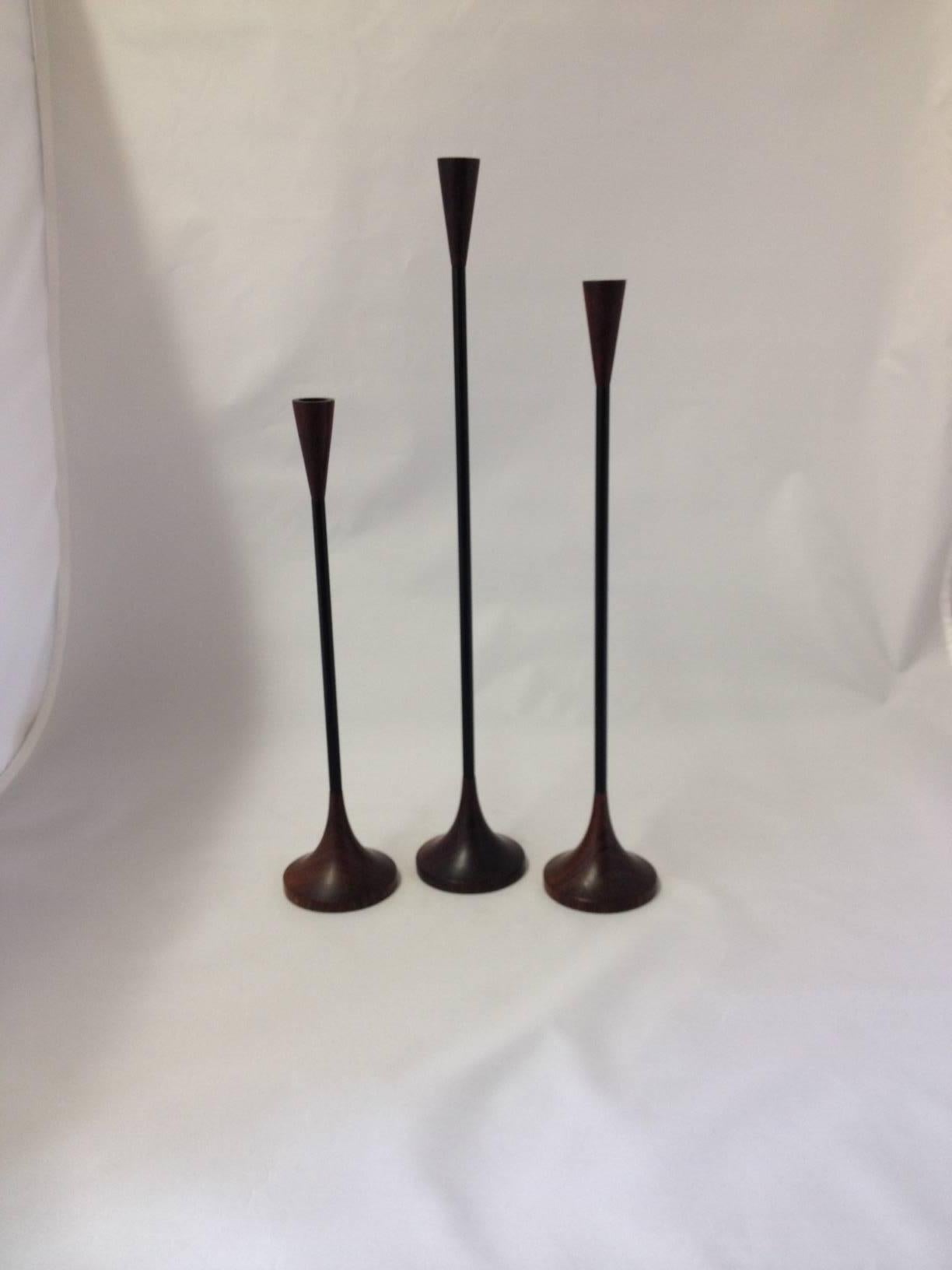 Turned Set of Three Graduated Rosewood and Black Steel Candlesticks by Sam Mann