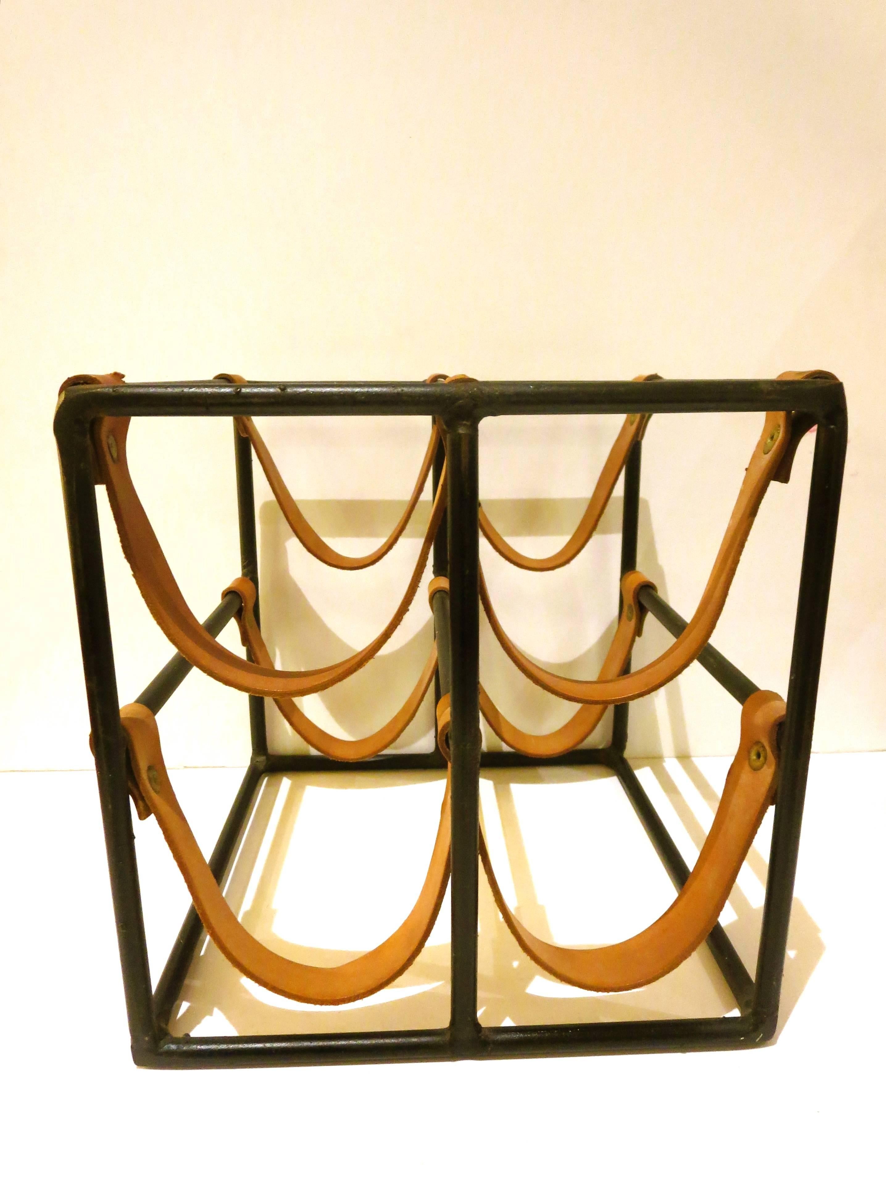 American Solid Iron and Leather Four Bottle Capacity Wine Rack by Arthur Umanoff