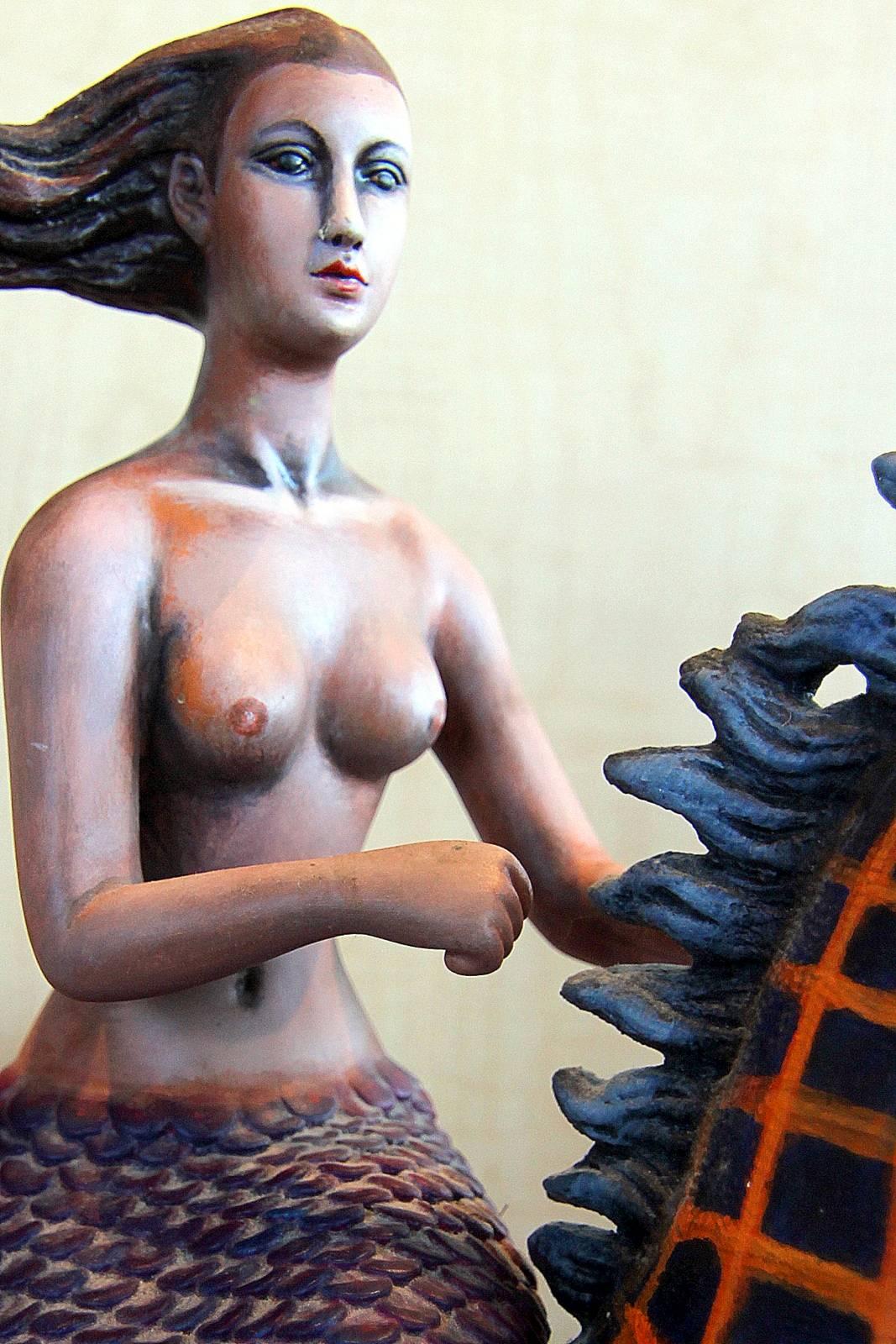 Folk Art Whimsical Mermaid Riding Seahorse Sculpture by Sergio Bustamante