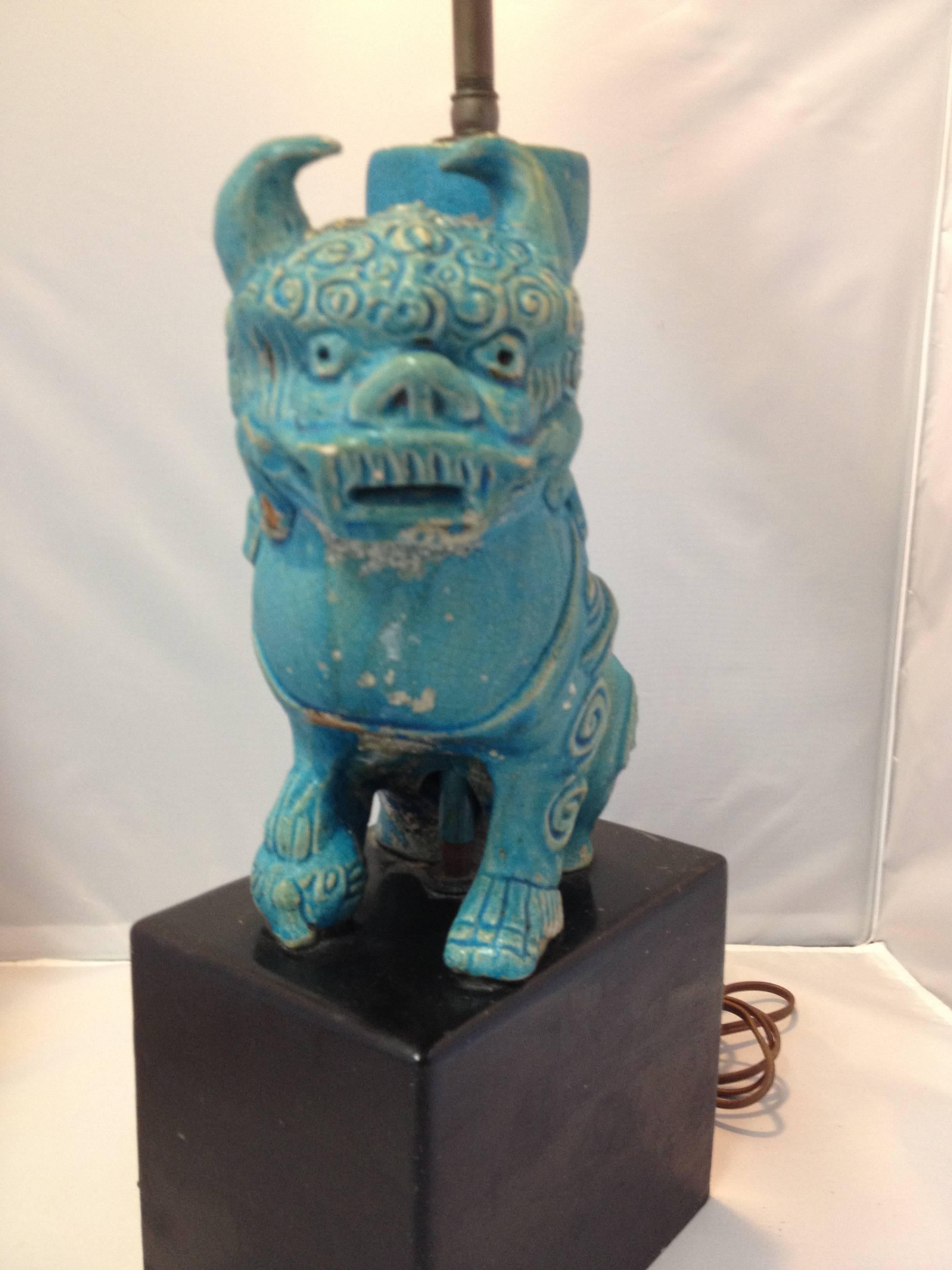 Vintage Ceramic Blue Foo Dog/Lion Lamp 3