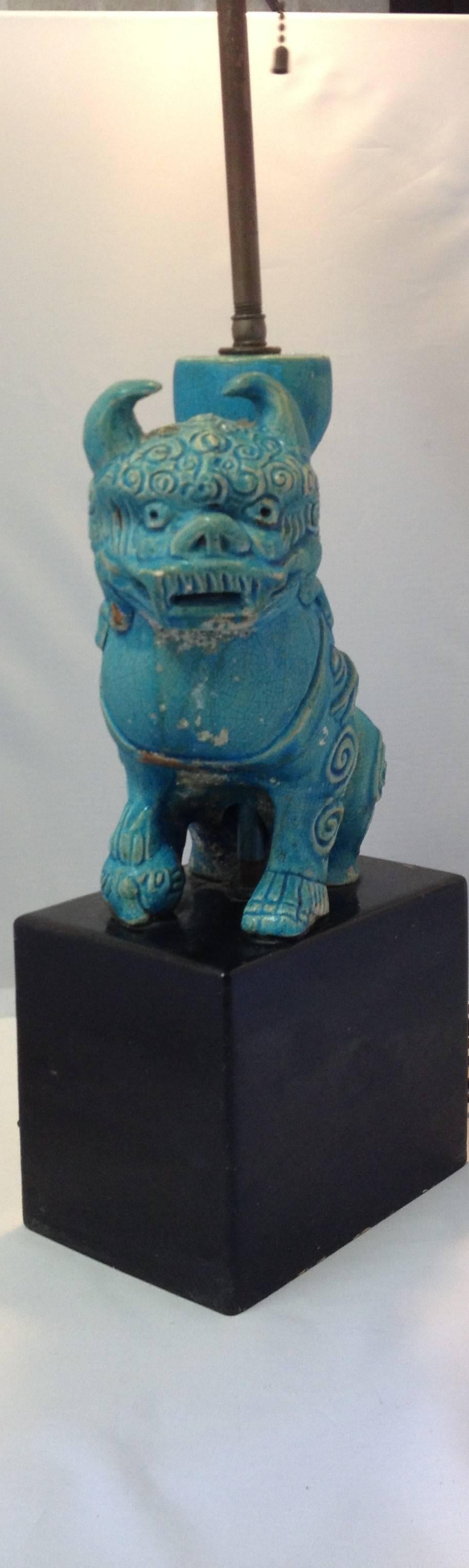 American Vintage Ceramic Blue Foo Dog/Lion Lamp
