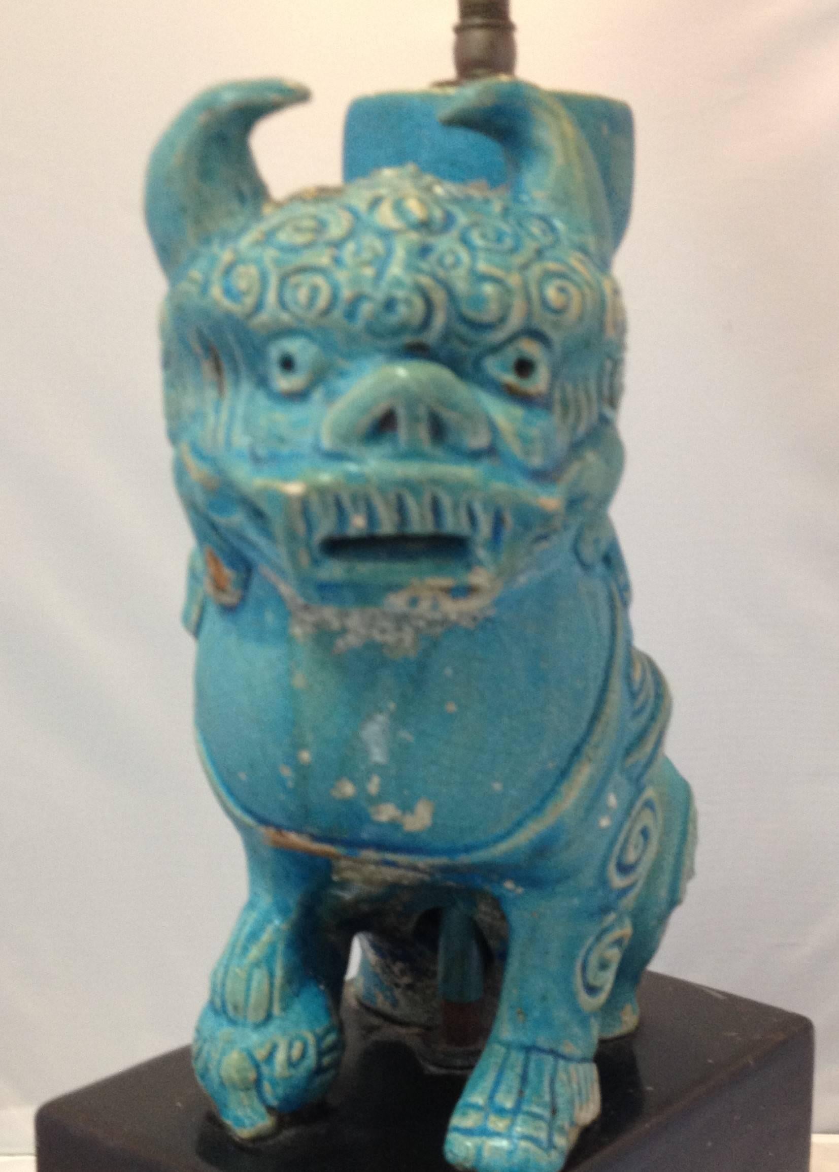 Glazed Vintage Ceramic Blue Foo Dog/Lion Lamp