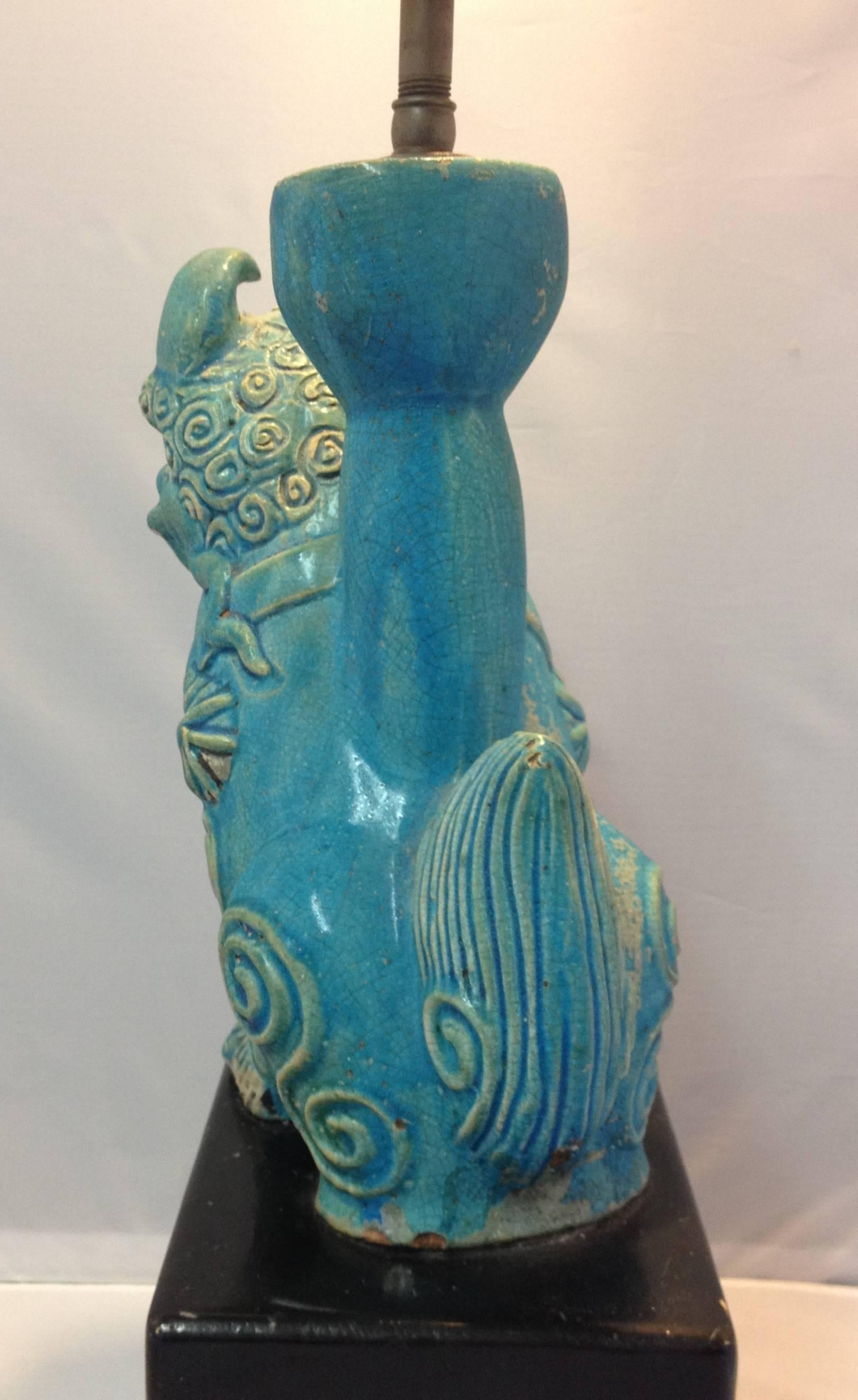 20th Century Vintage Ceramic Blue Foo Dog/Lion Lamp