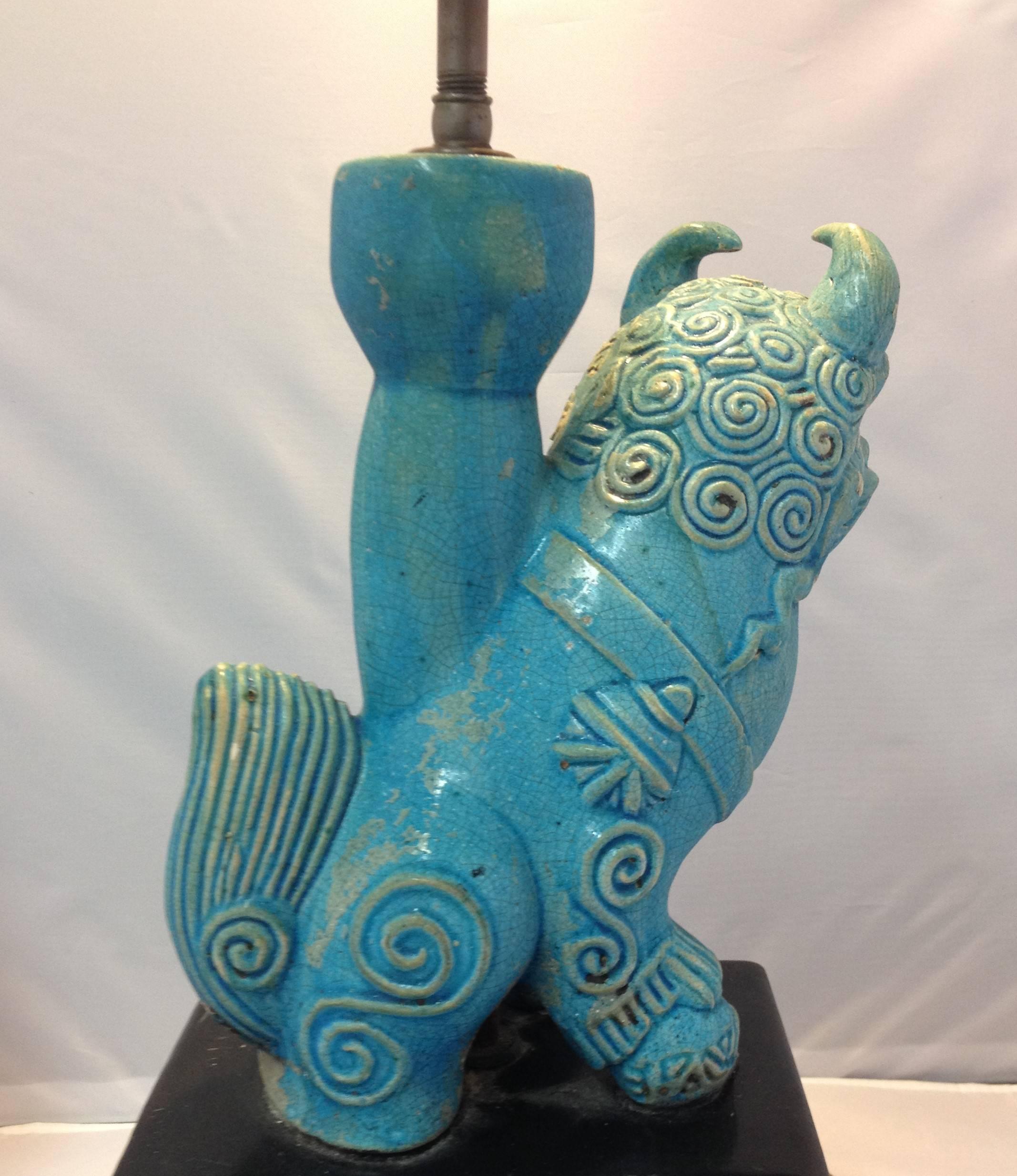 Vintage Ceramic Blue Foo Dog/Lion Lamp 1