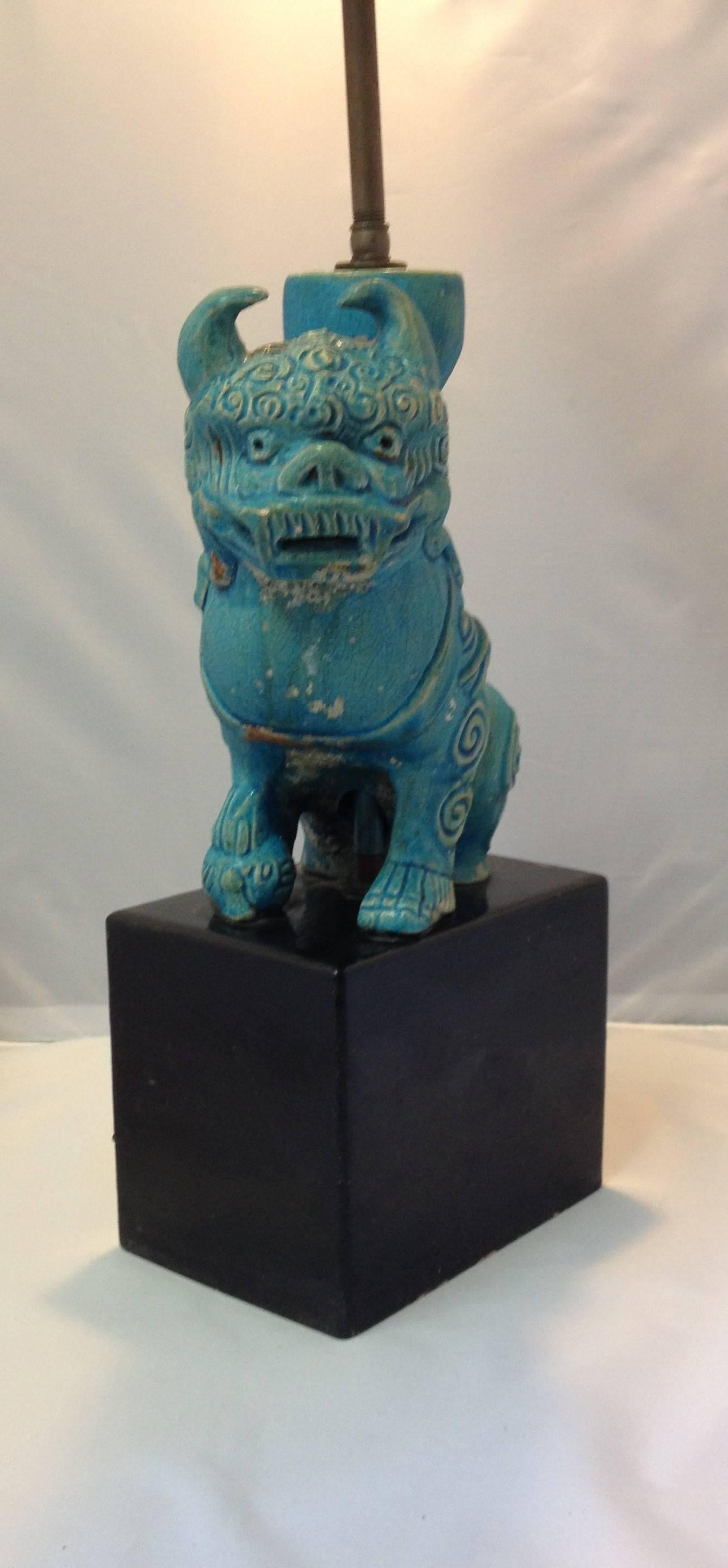 Vintage Ceramic Blue Foo Dog/Lion Lamp 2