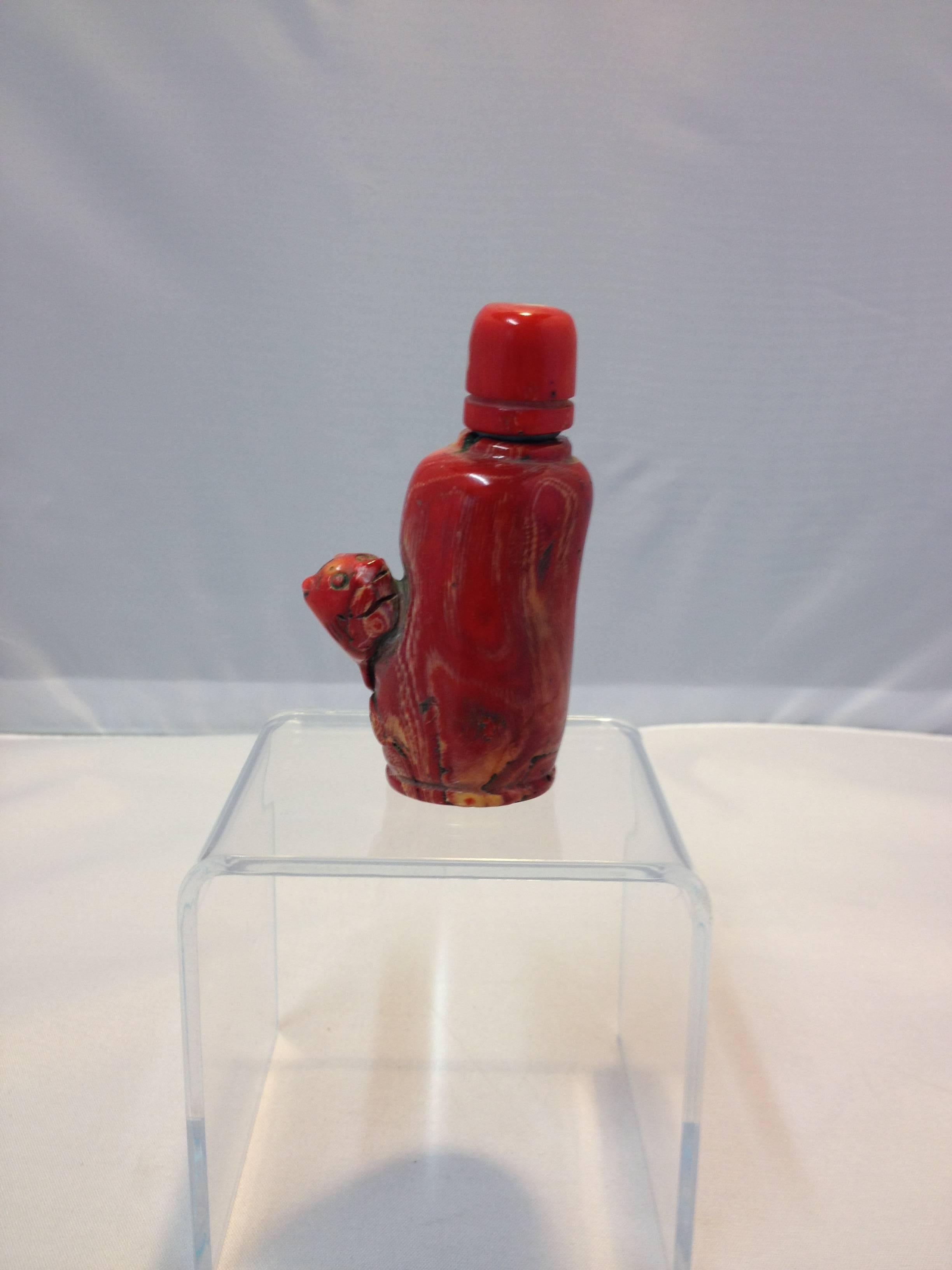 High Toned Antique Red Coral Carved Snuff Bottle with Panther 3