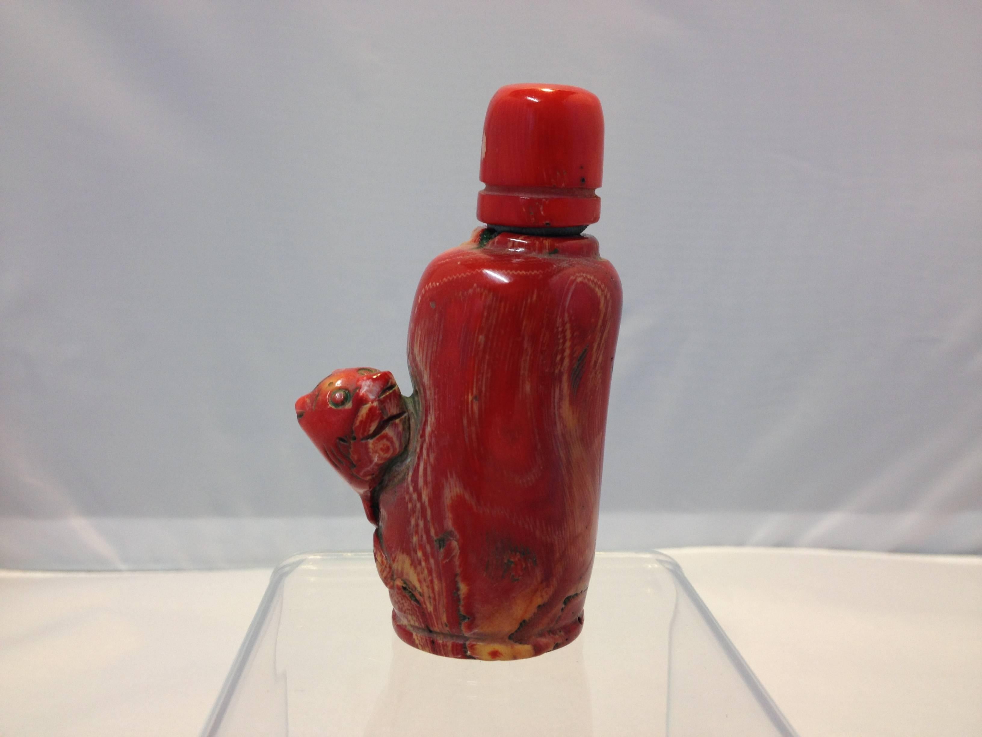 Chinese High Toned Antique Red Coral Carved Snuff Bottle with Panther