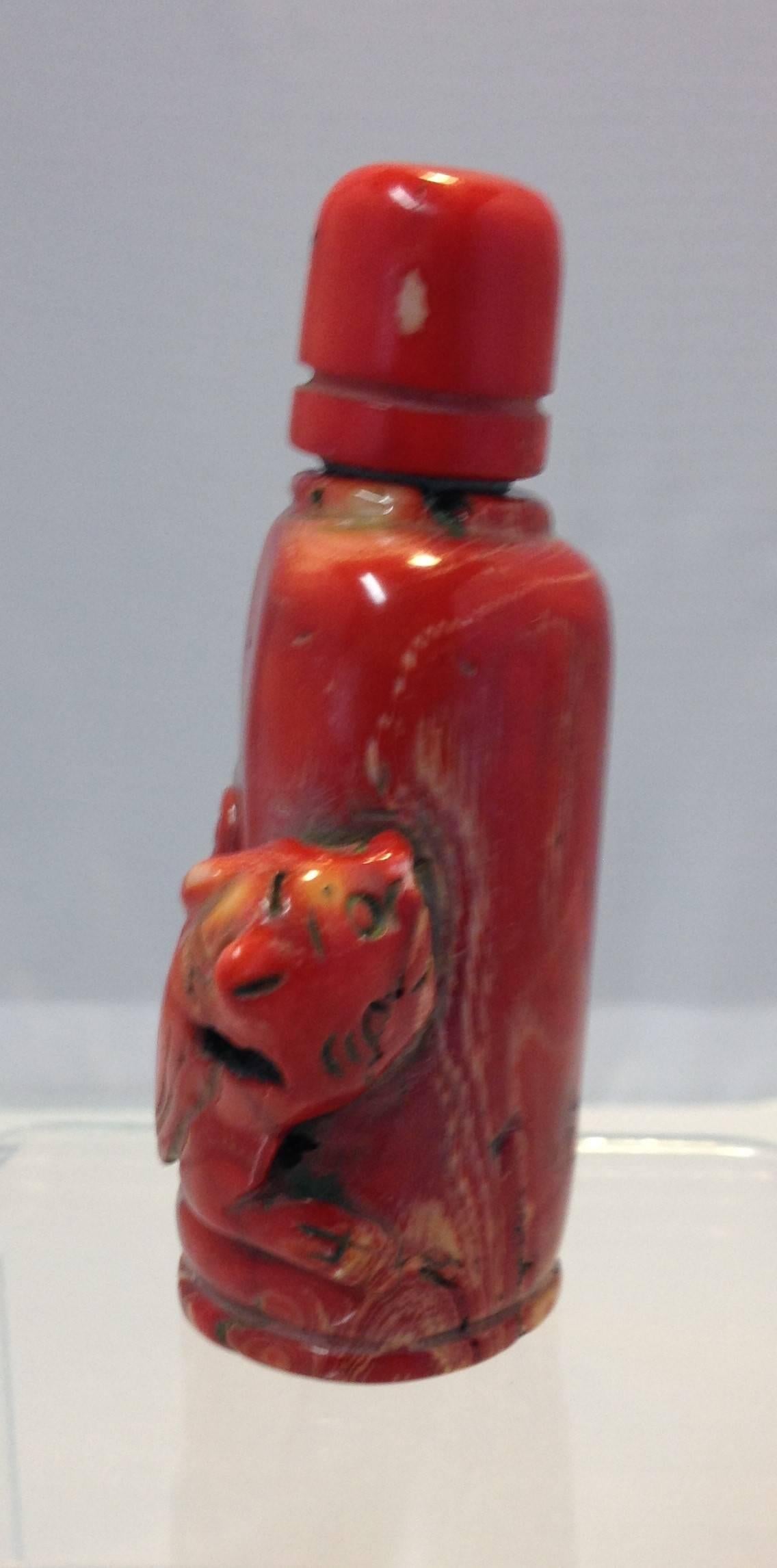 High Toned Antique Red Coral Carved Snuff Bottle with Panther In Excellent Condition In San Diego, CA