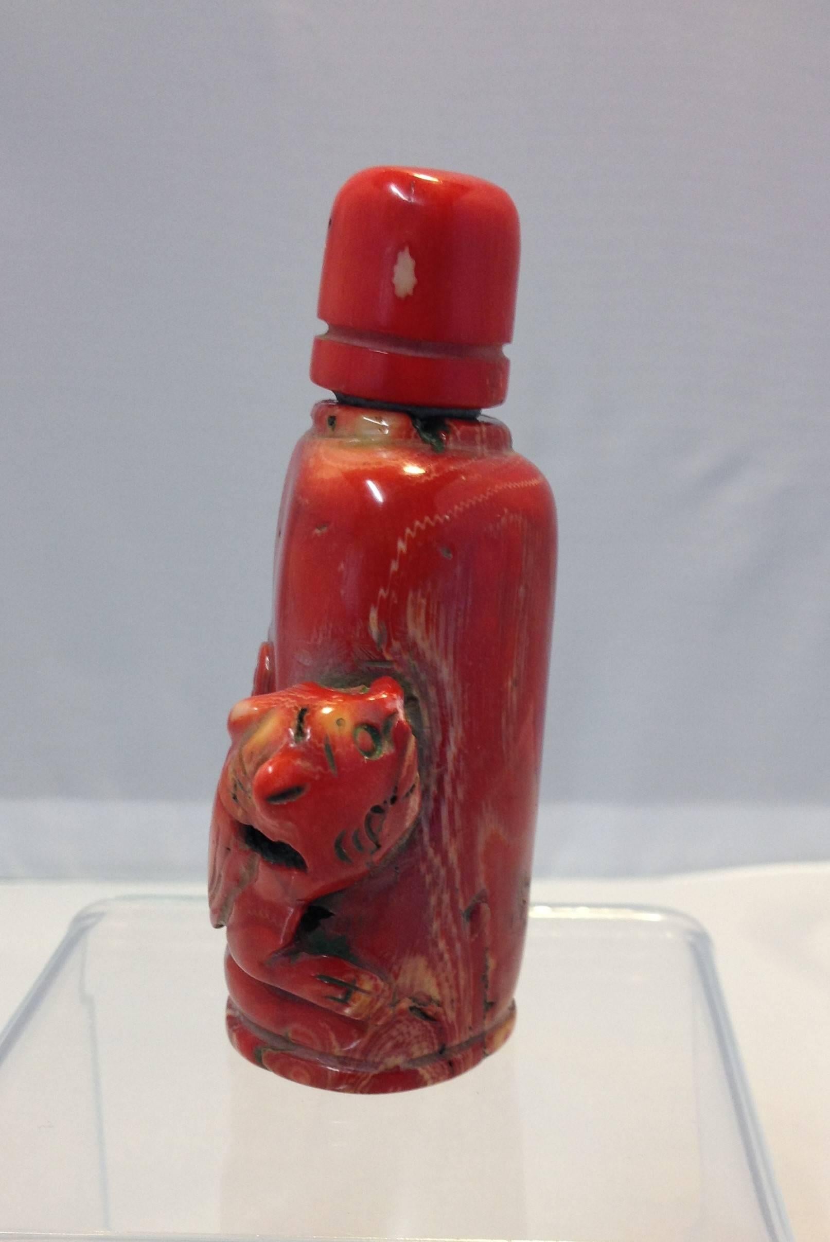 19th Century High Toned Antique Red Coral Carved Snuff Bottle with Panther
