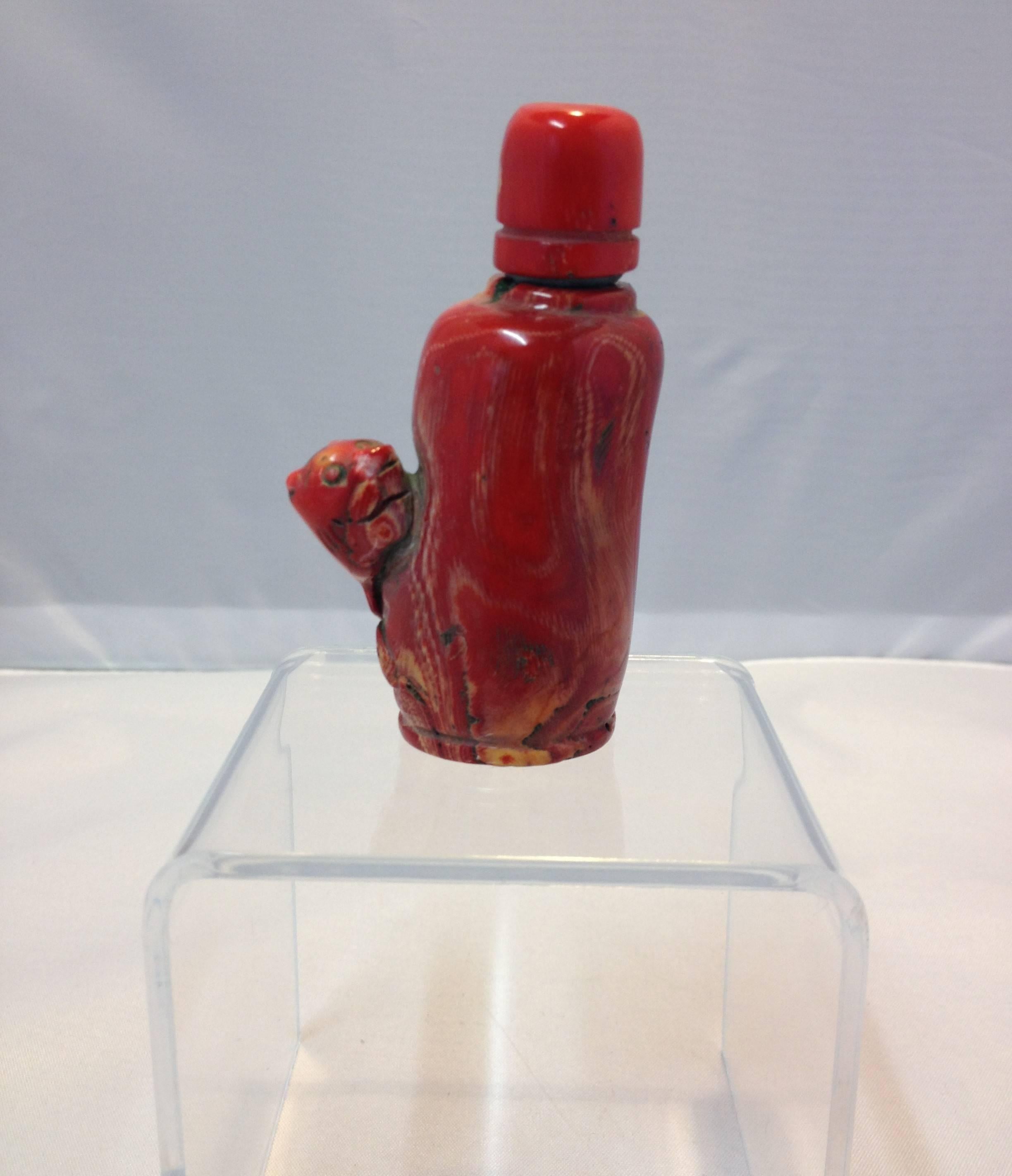High Toned Antique Red Coral Carved Snuff Bottle with Panther 5