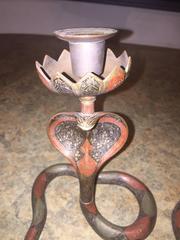 Unique Pair of Cobra and Snake Brass and Painted Enamel Candleholders