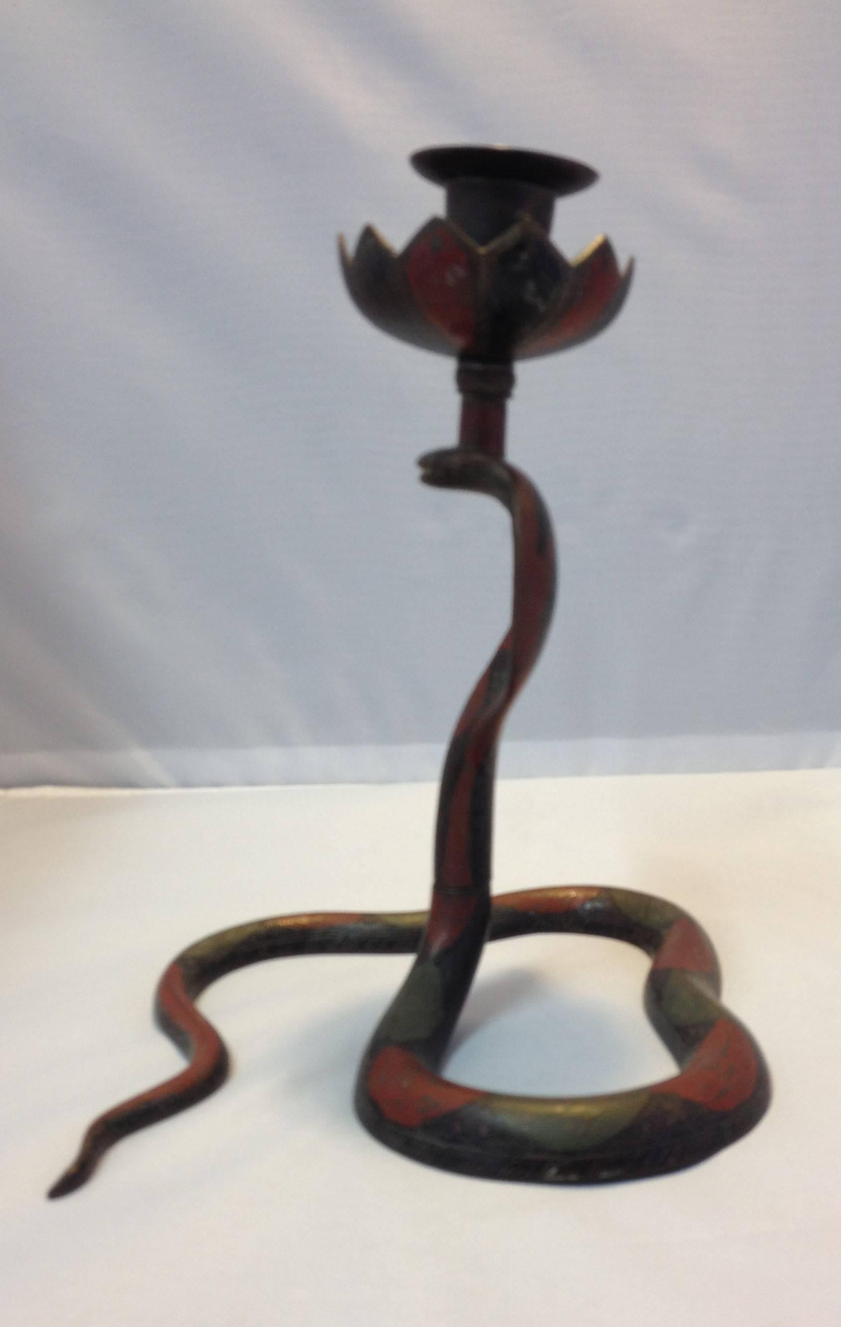 Unique Pair of Cobra and Snake Brass and Painted Enamel Candleholders In Good Condition In San Diego, CA