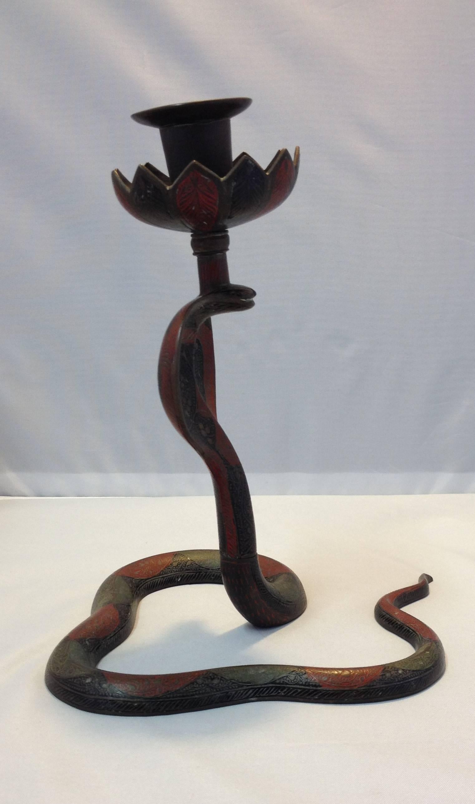 20th Century Unique Pair of Cobra and Snake Brass and Painted Enamel Candleholders