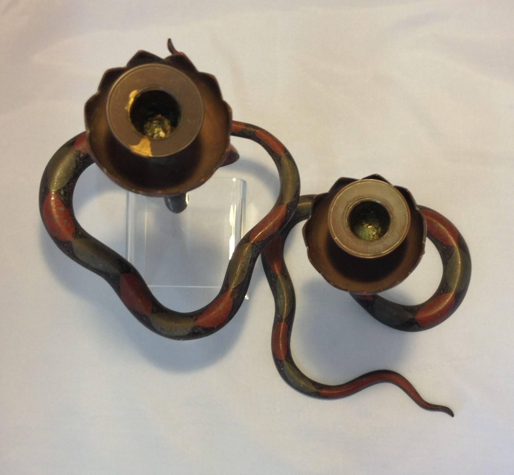 Unique Pair of Cobra and Snake Brass and Painted Enamel Candleholders 2