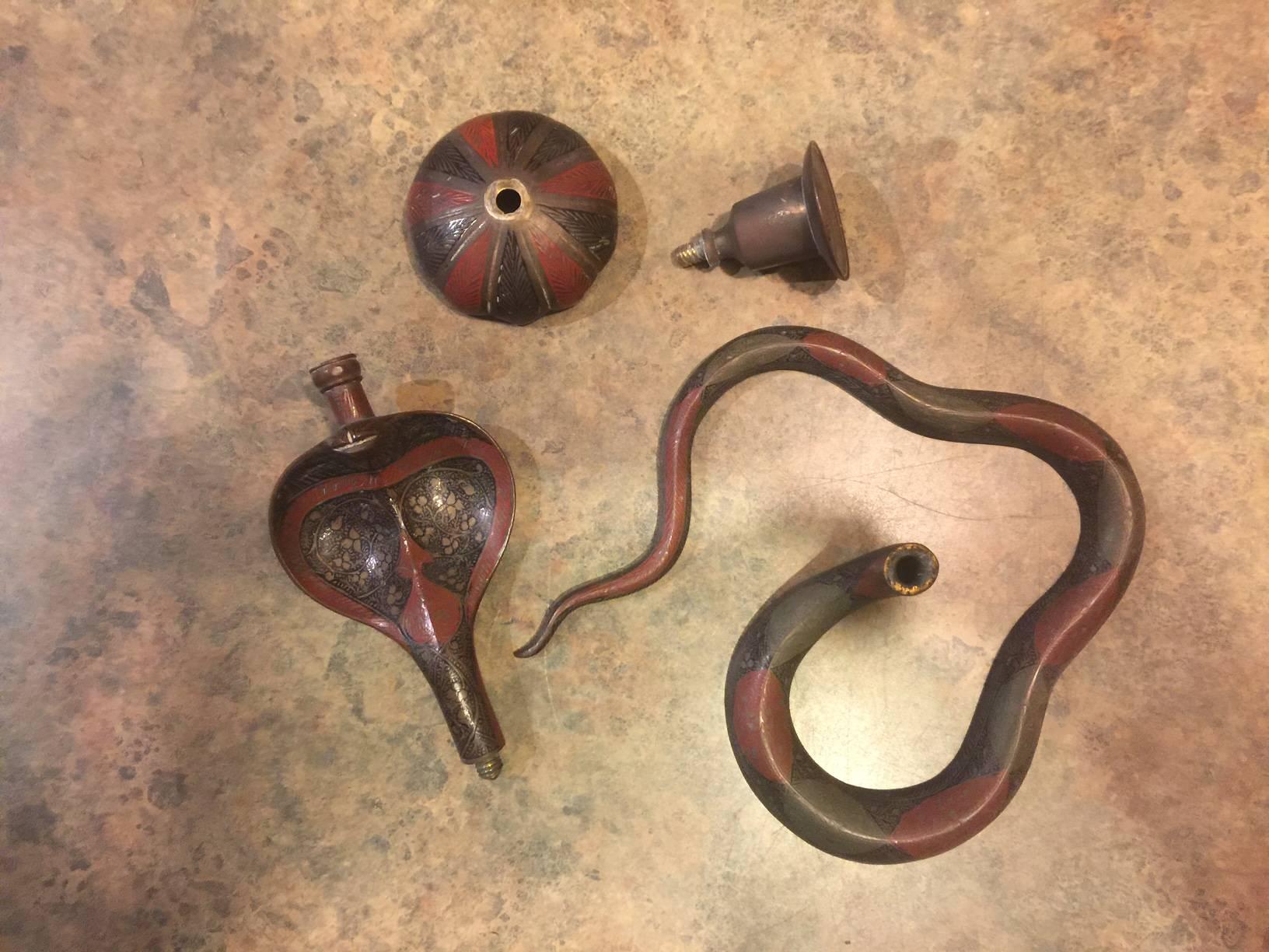 Unique Pair of Cobra and Snake Brass and Painted Enamel Candleholders 3