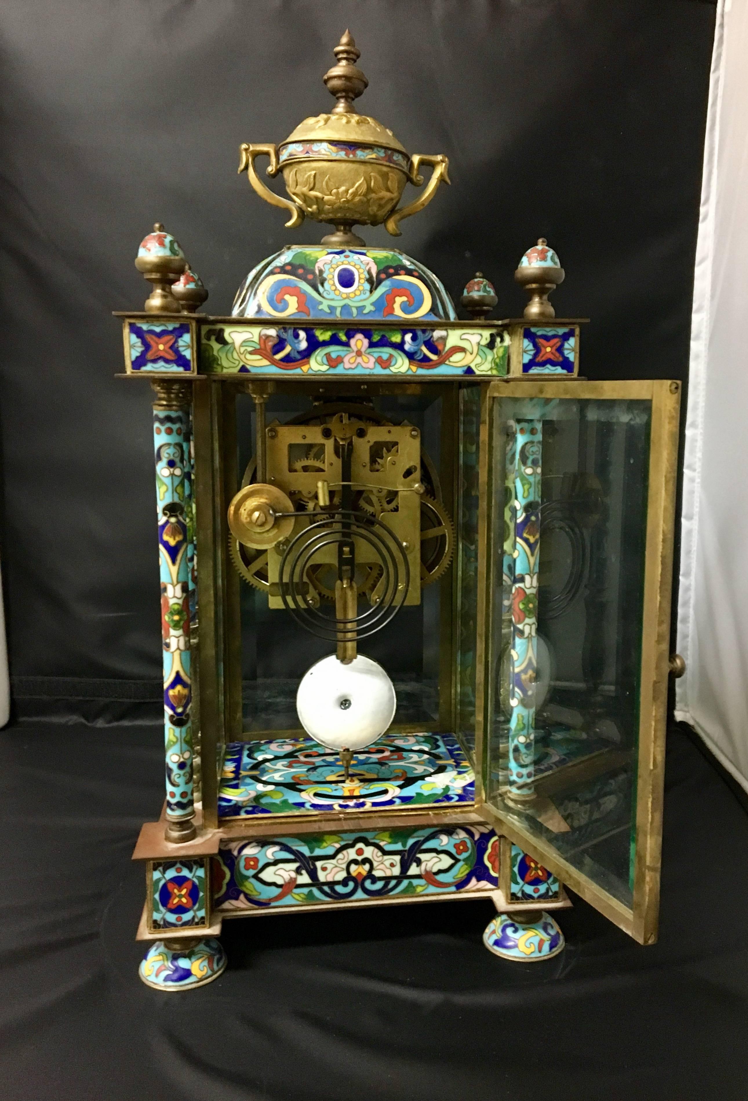 Hollywood Regency Striking Cloisonne and Bronze Mantel Clock