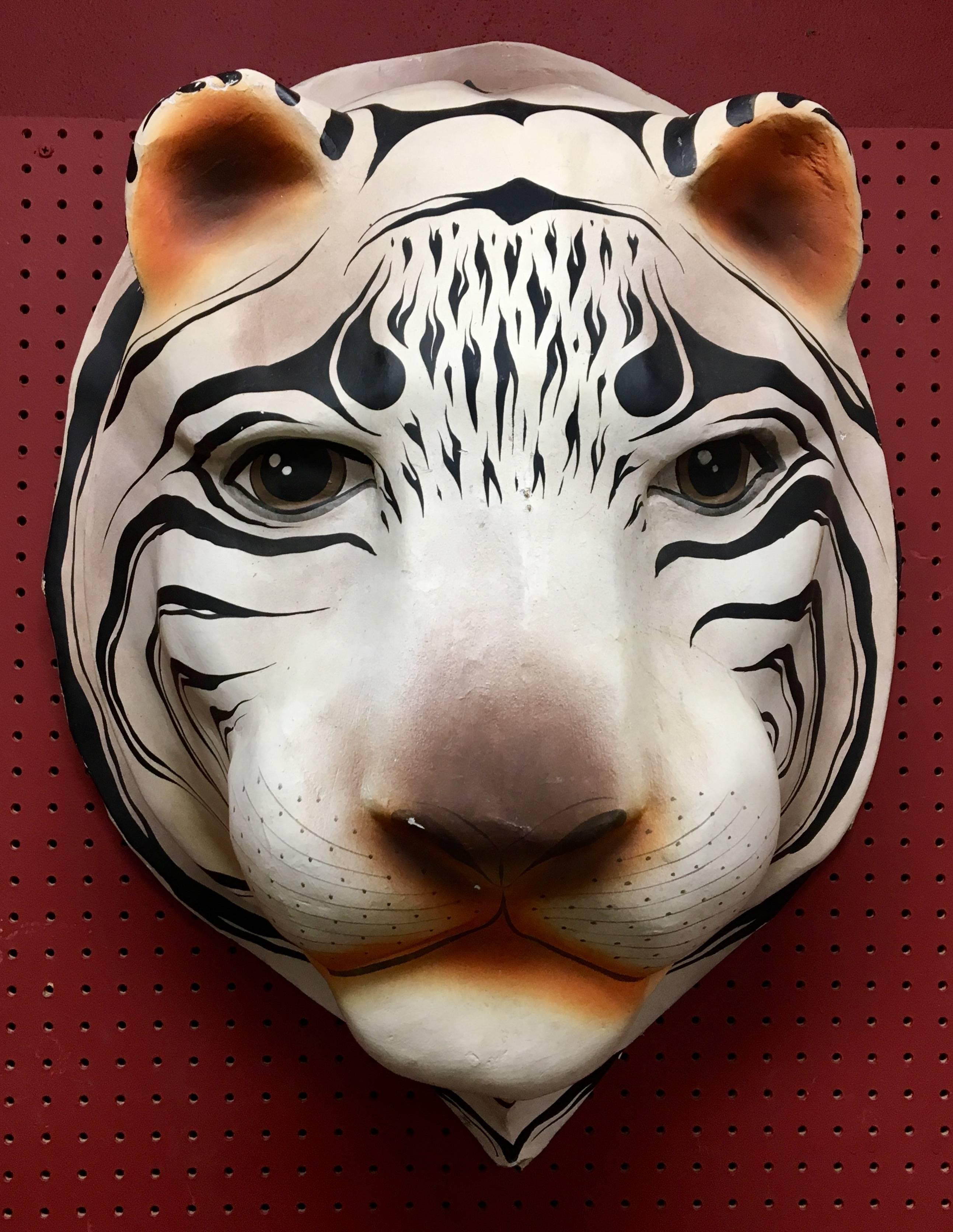 One of a kind piece! Large white Siberian tiger head made of papier mâché and hand-painted. The piece is very realistic looking and is signed by the artist. SB for Sergio Bustamante, circa mid-20th century. Statement piece for any room!