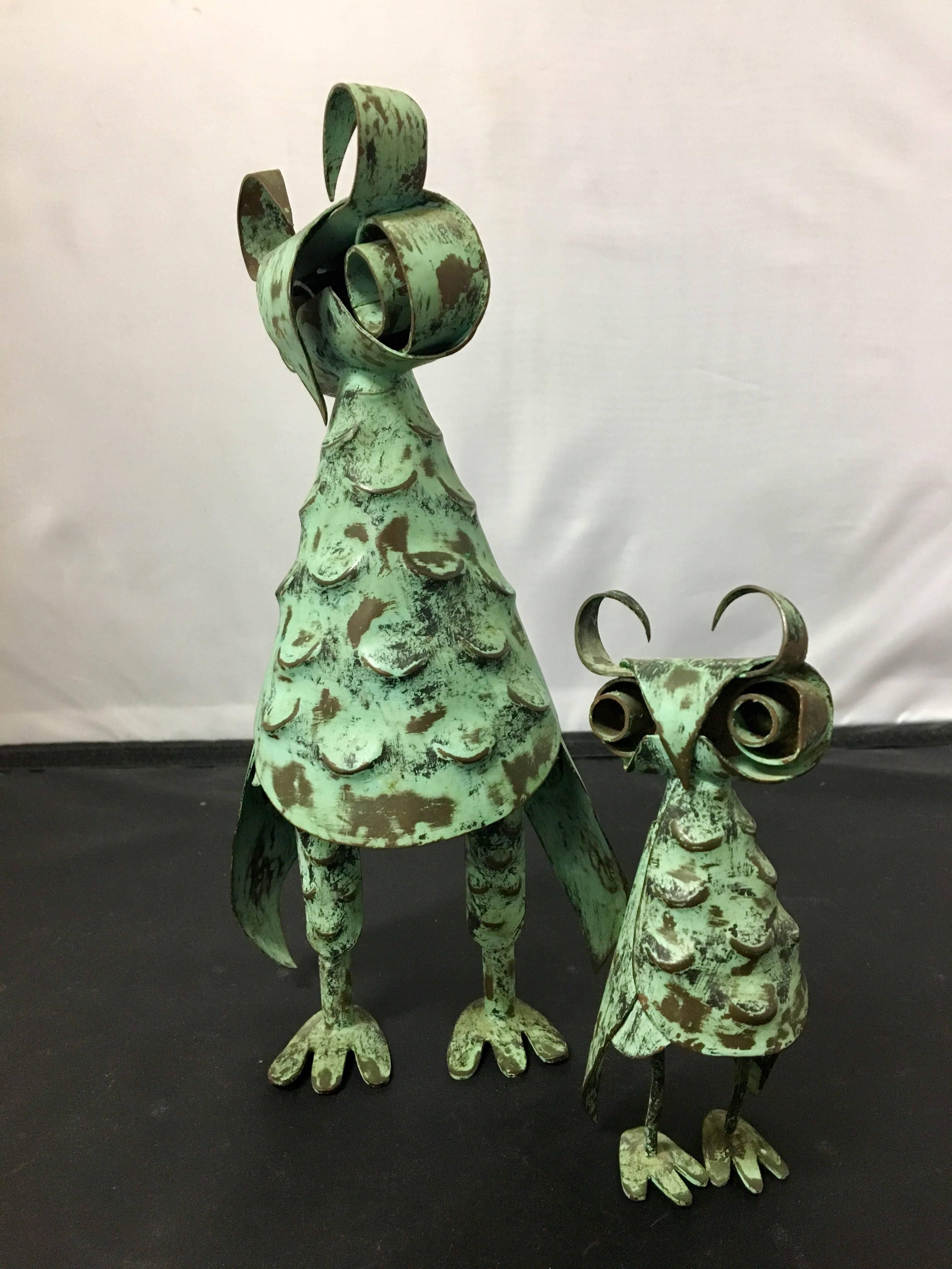 Mid-Century Modern Pair of Mid-Century Hammered Patinated Copper Owl Sculptures by Los Castillo